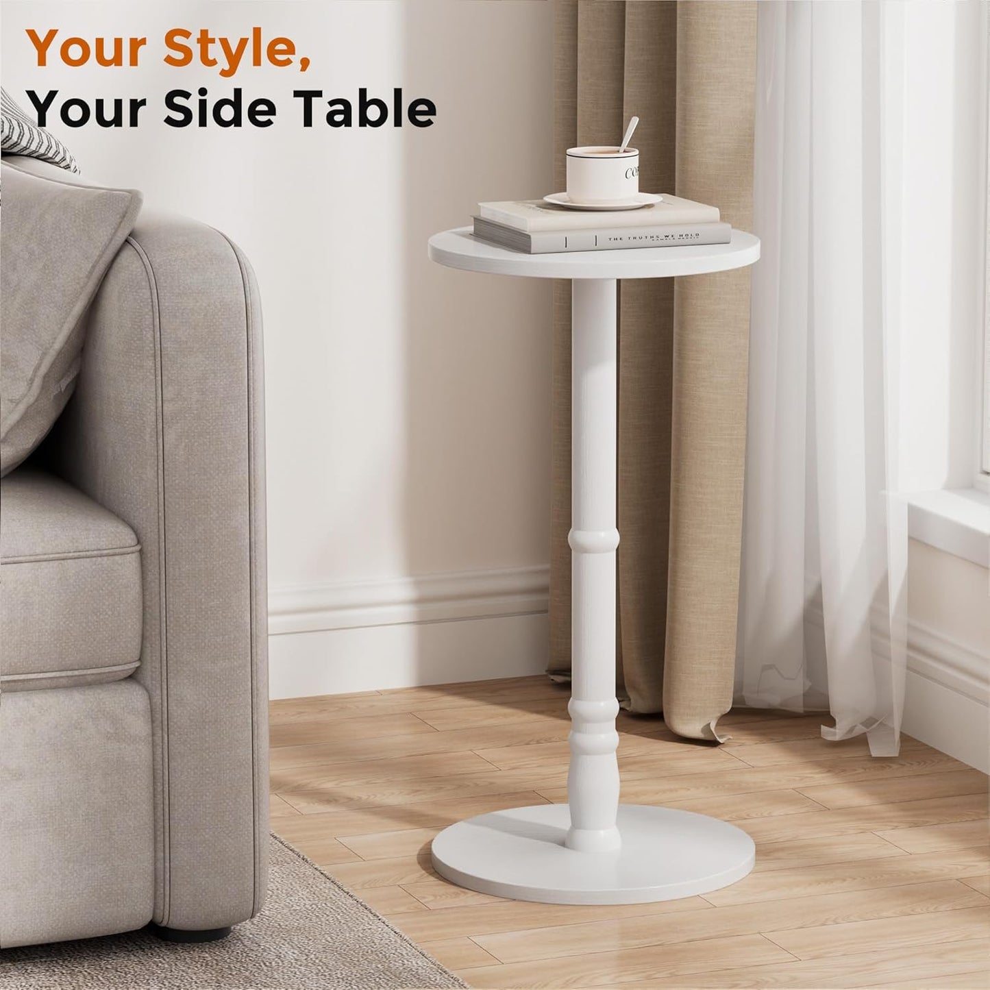 12" Round Side Tables Set of 2, Solid Wood Pillar with Wood Top & Base, Small Drink Accent Table for Living Room, Bedroom, Sofa & Office, Easy Assembly, White