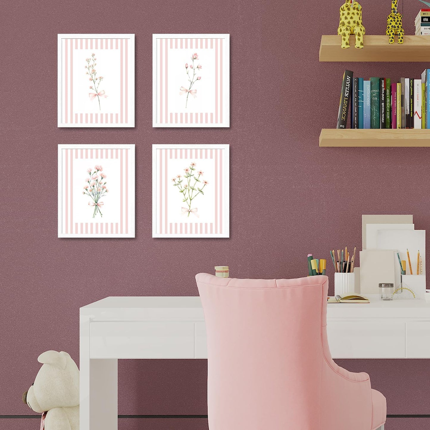JINYO Coquette Pink Bow Floral Wall Art Prints Set of 4, Floral Room Decor, Preppy Pink and White Striped Flower Posters Pictures Wall Decor for Girls Room Bedroom Dorm Home, 8x10 Unframed