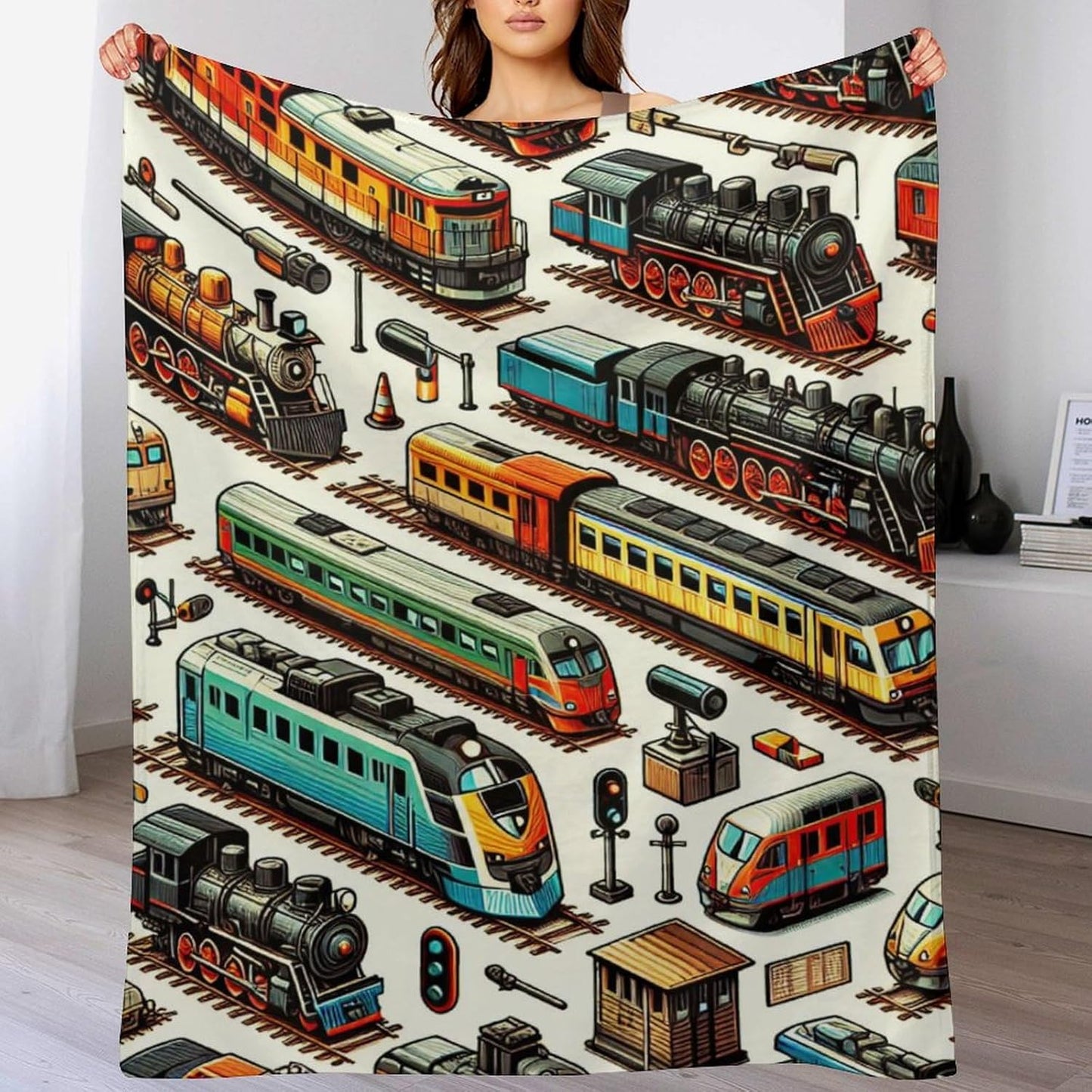 Soft Flannel Train Blanket - Warm Throw Blankets for Teens, Adults, Women, Men - All Season Lap, Chair, Sofa - 70"x50"