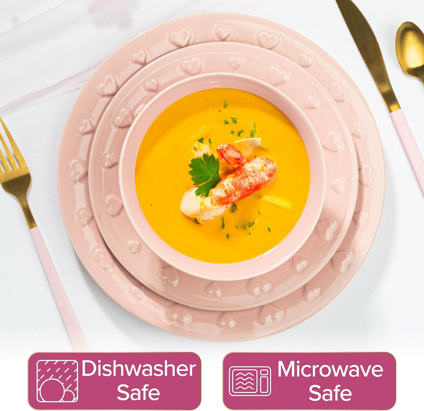 Paris Hilton 12-Piece Dinnerware Set, Embossed Hearts. Iconic Ceramic Stoneware Service for 4 with Dinner Plates, Salad Plates, and Bowls, Microwave & Dishwasher Safe, Pink