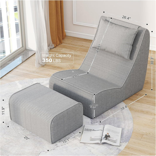 Giant Bean Bag Chair for Adults,Corduroy Chaise Lounge with Unrivaled Back Support, Detachable Neck Pillow, Comfortable Ottoman & Washable Cover for Living Room, Bedroom, Garden (Grey)