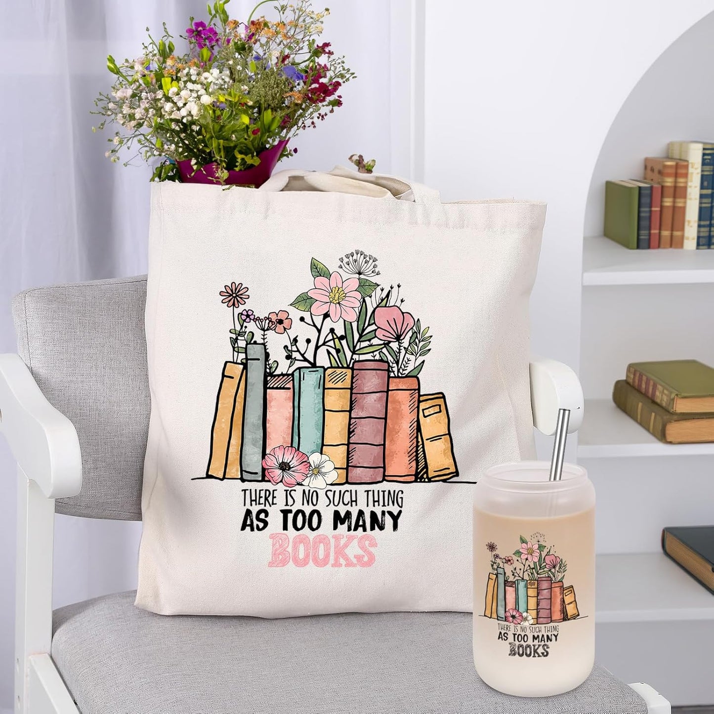 Fairy's Gift Book Lovers 캔버스 토트백 & 반투명 유리 컵 세트, 책 애호가를 위한 어머니의 날 생일 책 선물, 독자를 위한 선물, 여성 사서 교사, 독서 액세서리, 책벌레 선물