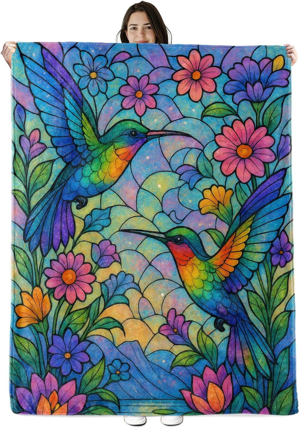 Colorful Hummingbird Blanket Gifts for Boys Girls Kids, Hummingbirds and Floral Warm Soft Flannel Throw Blankets for Travel, Sofa, Room, Bedroom Birthday Christmas Spring Decor, 50x60 in
