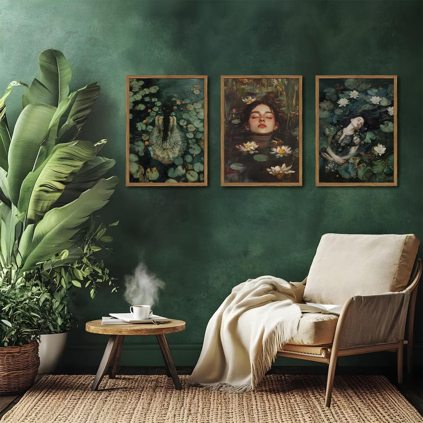 Ophelia Gothic Wall Art Set of 3, Moody Victorian Lake Wall Decor Painting, Dark Romantic Cottagecore Poster Canvas Prints Artwork for Bedroom Living Room 16x24 inch Framed