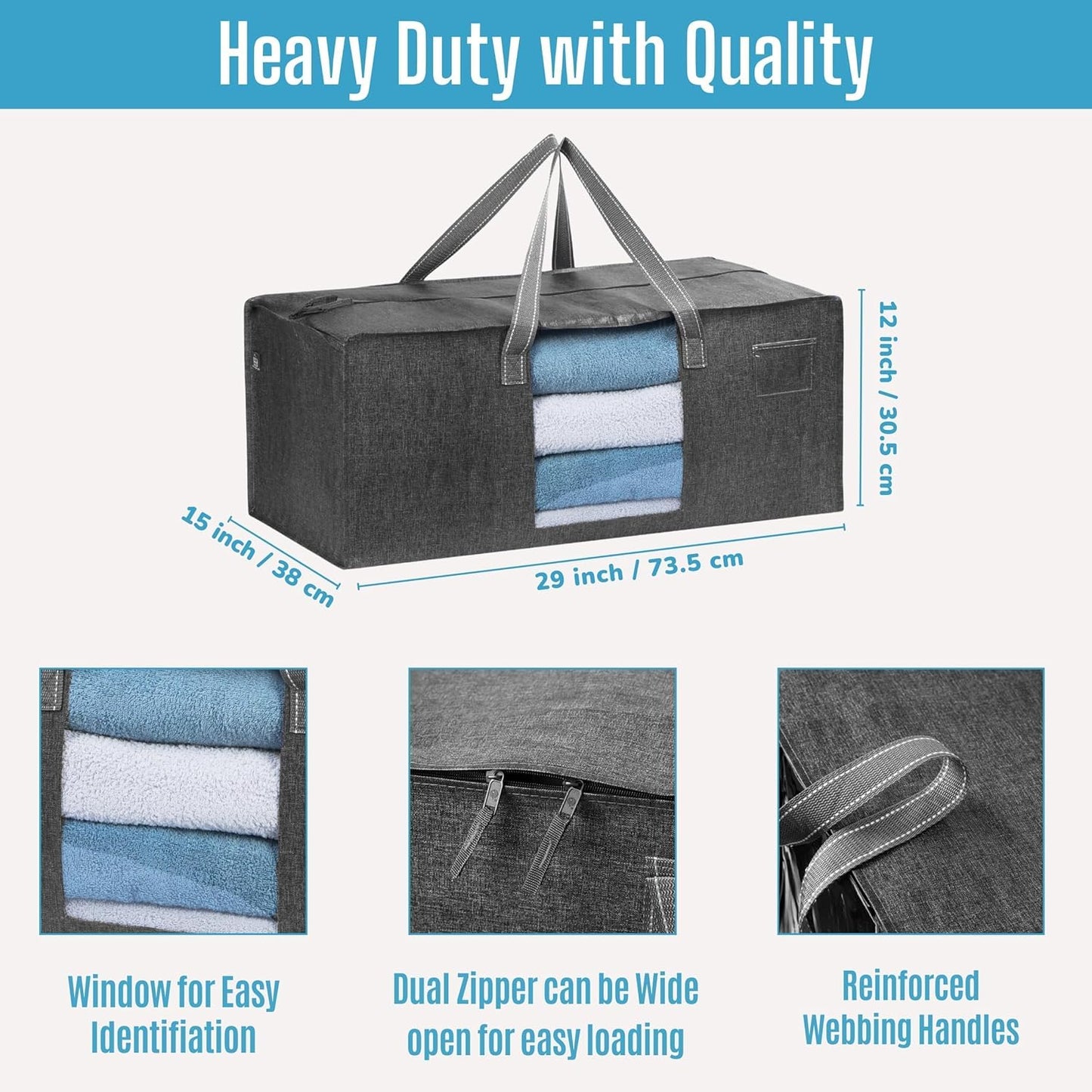VENO 4 Pack Heavy Duty Moving Bags, Christmas Storage Bins with Lids, Transparent Window Design, Alternative to Moving Boxes, Storage Bags for Clothes, Blankets, Comforters, Pillows (Gray, 4 Pack)