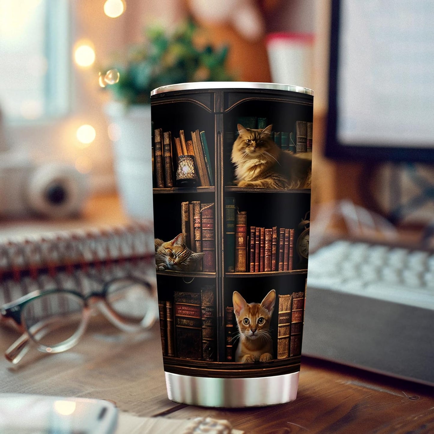 2IMT Cat Book Tumbler Library Travel Mug Book Gifts For Book Lovers For Cat Lovers Women - Bookish Gift For Readers - Reading Mug Bookish Mugs Stainless Steel Tumbler 20oz with Lid