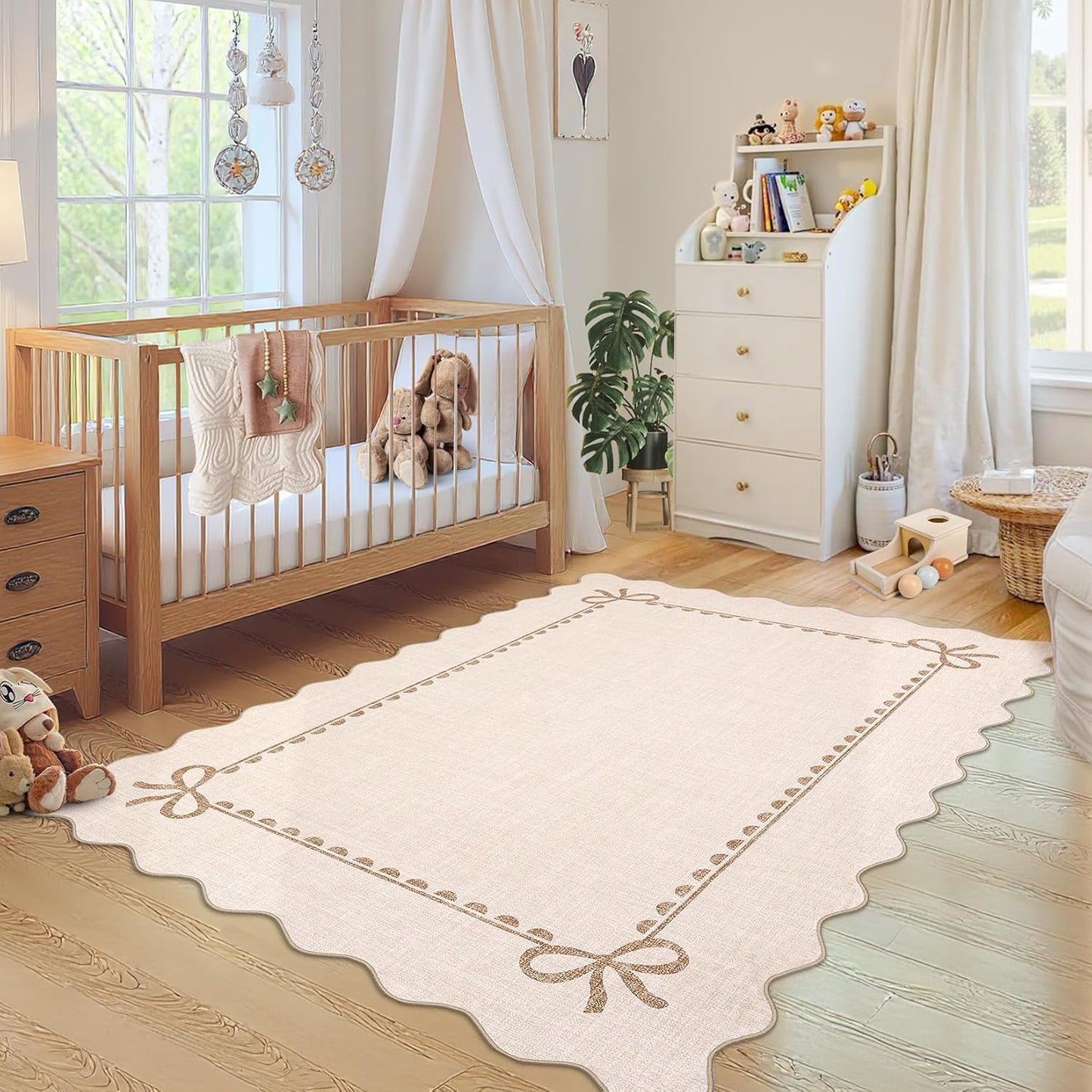 GarveeHome Scalloped Bow Rug for Living Room, Solid Beige Rug for Dorm, Washable Rugs 5x7 Soft Low Pile Non Slip Scalloped Rugs for Nursery College Bedroom Decor Kids Room Playroom