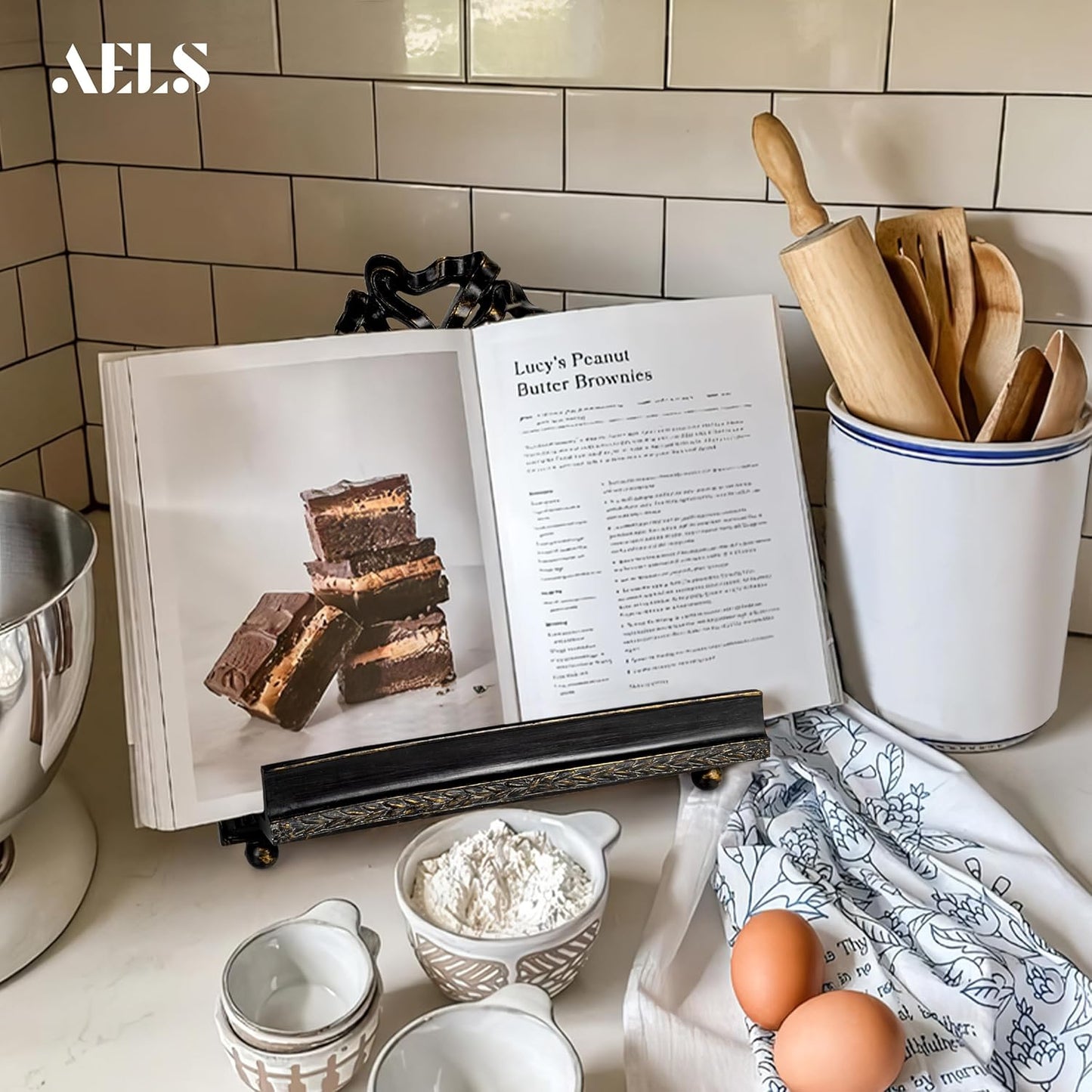 AELS Vintage Ornated Cookbook Stand for Kitchen Counter, Farmhouse Recipe Book Holder, Retro Heavy Duty Cook Book Stand, Gift Ideas, Antique Black Hollowed Decor