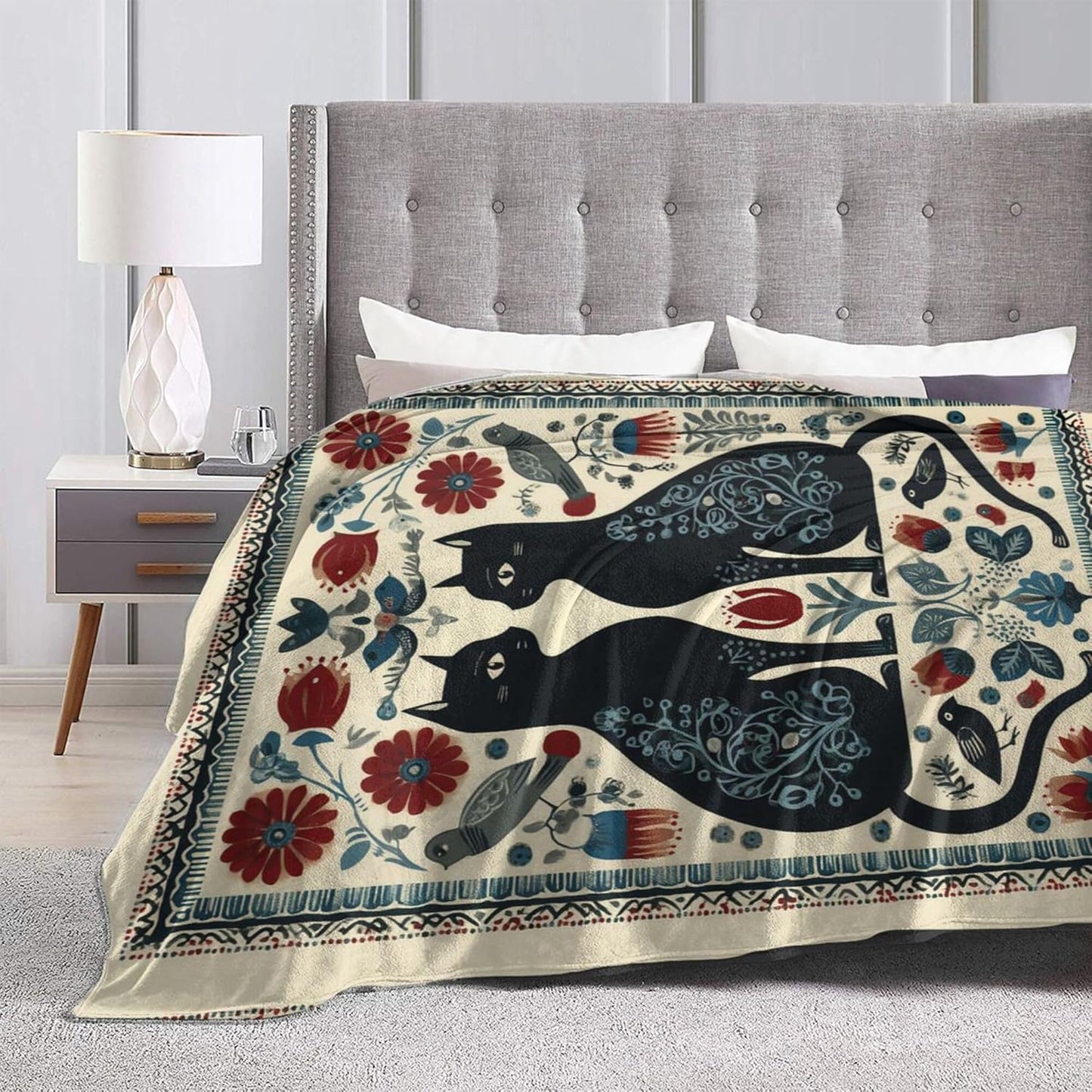 Black Cat Blanket, Folk Art Scandinavian Floral Throw Blanket, Vintage Boho Flower & Bird Decor, Super Soft Flannel Fleece Blanket for Bed Couch, Gift for Cat Lovers 60"x50"