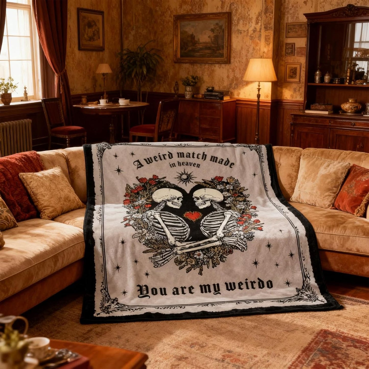 Skull Gothic Throw Blanket Soft Lightweight Cozy Flannel Skeleton Romantic Sun Star Rose Floral Blanket for Couch Bed Sofa, for Wedding Couples (50''×60'', Skeleton-2)