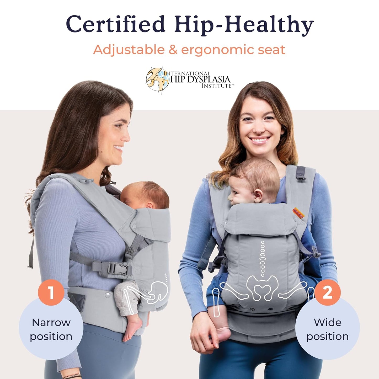 Beco Gemini Baby Carrier from Newborn to Toddler - Certified Ergonomic Newborn Baby Carrier for Infants and Children of 7-35 lbs - M Shape, Adjustable Seat, 100% Cotton (Classic Grey)