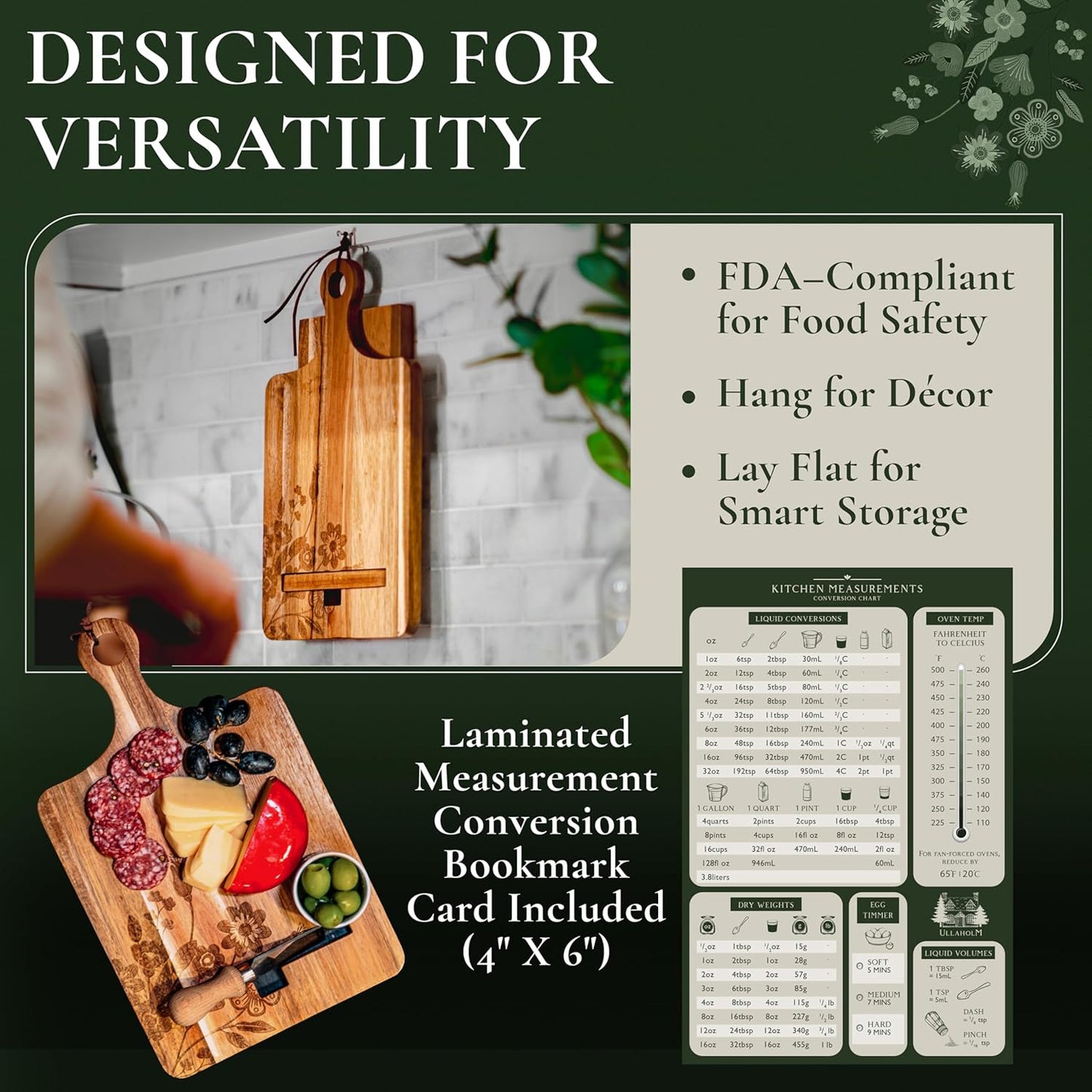 Wood Cookbook Stand for Kitchen Counter - Reversible Acacia Wooden Recipe Book Holder Stand - Cooking Measurement Conversion Card - Gift-Ready Adjustable Tablet Cook Book Holder - Charging Cable Slot