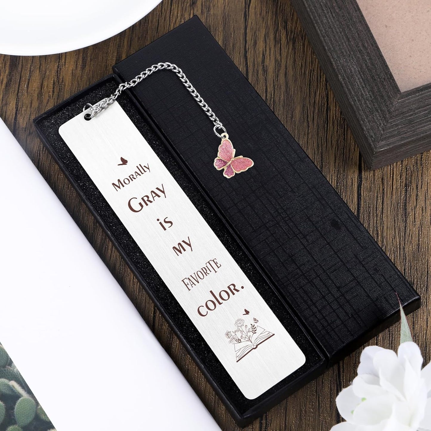 Morally Gray Metal Bookmark Gift - Shejdgart Funny Bookmarks Gifts for Women Pretty Book Marks for Friends Dark Romance Book Mark for Girls Fun Bookmarks with Butterfly Pendant for Book Lovers