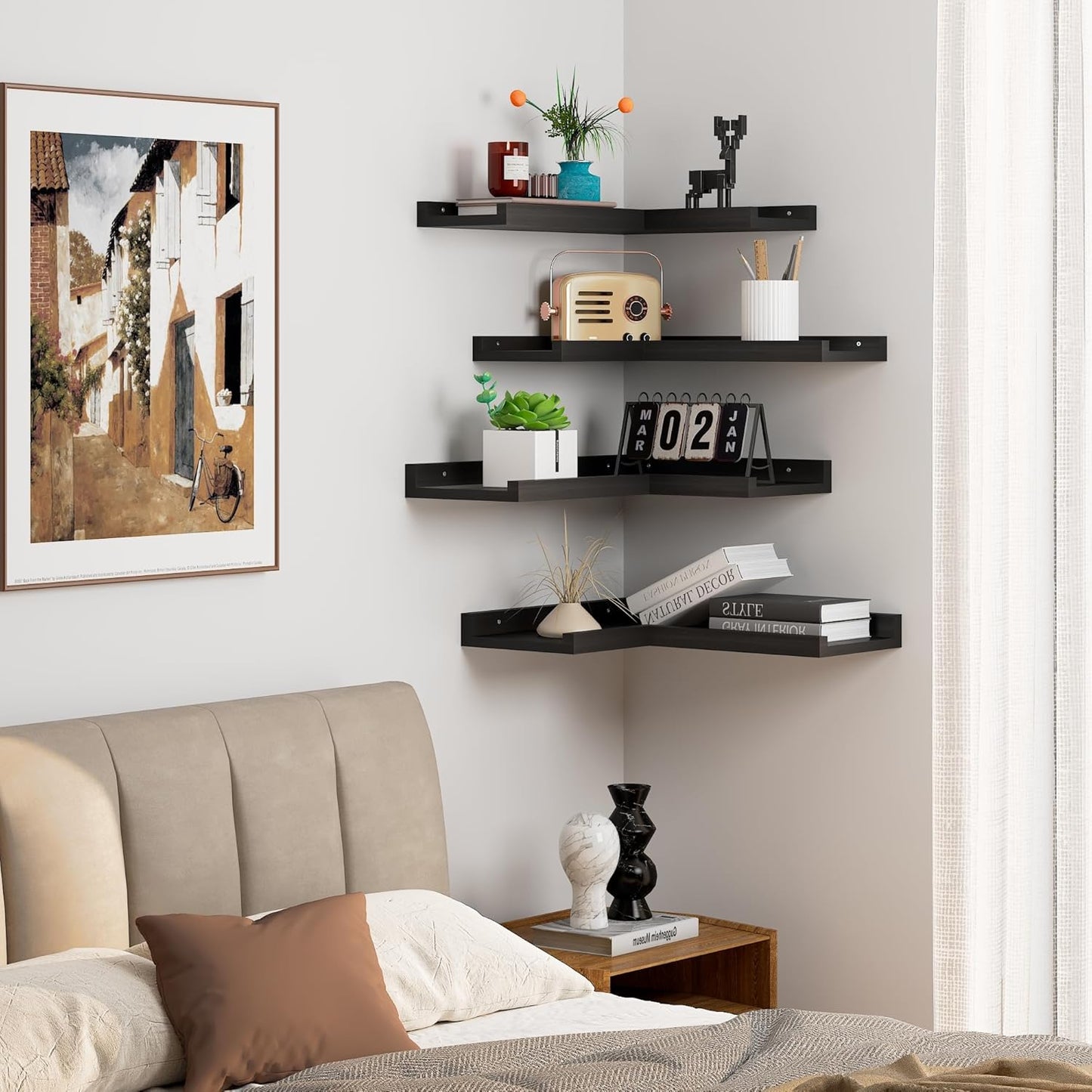 4-Tier L-Shaped Pine Wood Wall Shelf - Floating Corner Shelves with Lip, Black, Modern, Living Room, Bedroom, Bathroom Storage