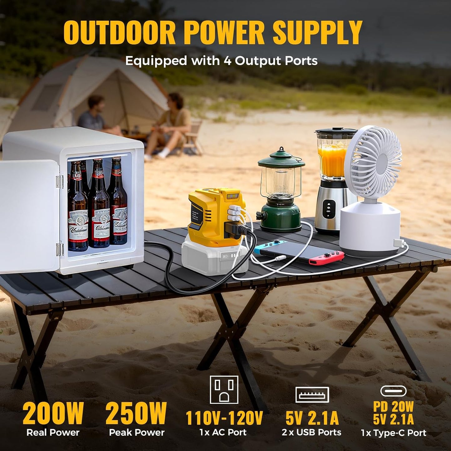 LIVOWALNY 200W Power Inverter Compatible with DeWALT 20V Battery, DC 20V to AC 110-120V Power Station with 1 AC Outlet, 2 USB, 1 Type-C & LED Light, for Camping Power Outage (No Battery)