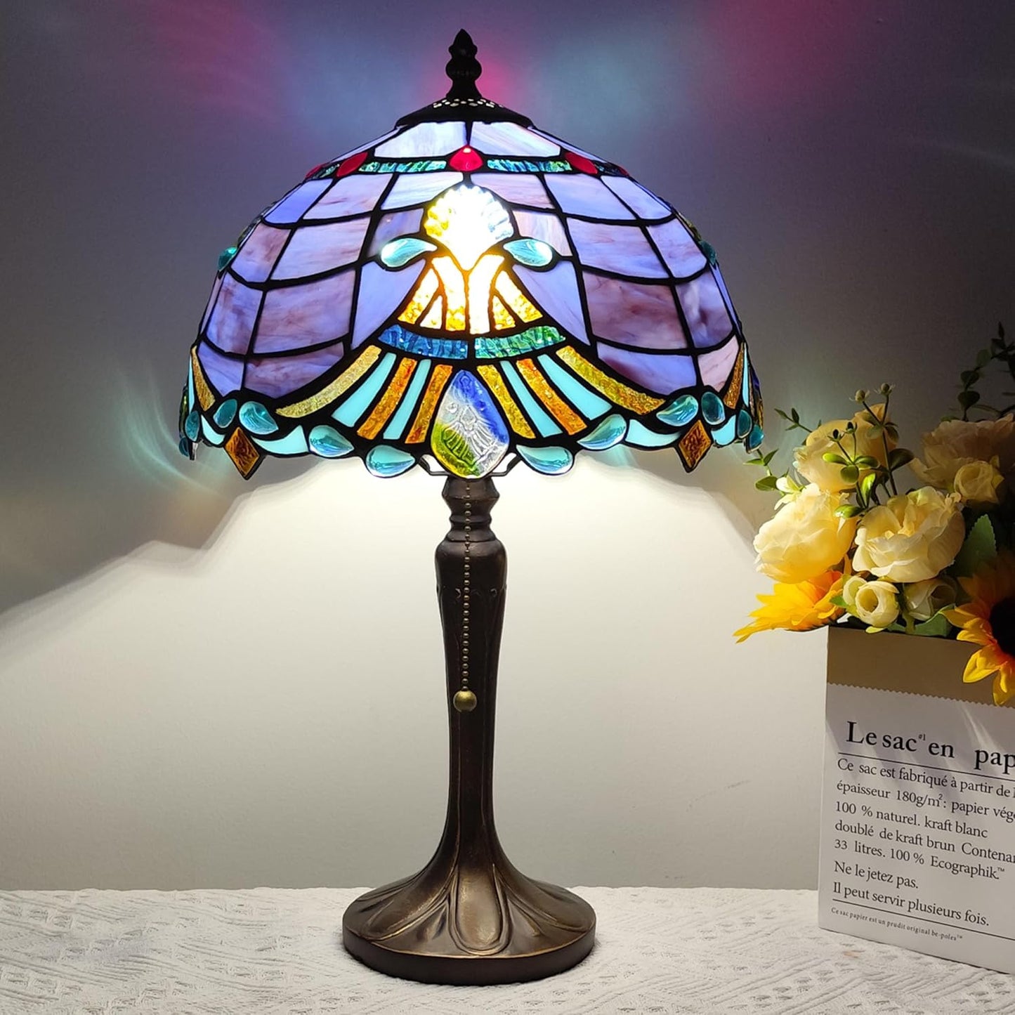Tiffany Table Lamp Purple Baroque Style Stained Glass Lamp 3 Color Temperature 12 Inch Antique Desk Light Handcrafted Light for Bedroom Living Room Home, Included LED Bulb