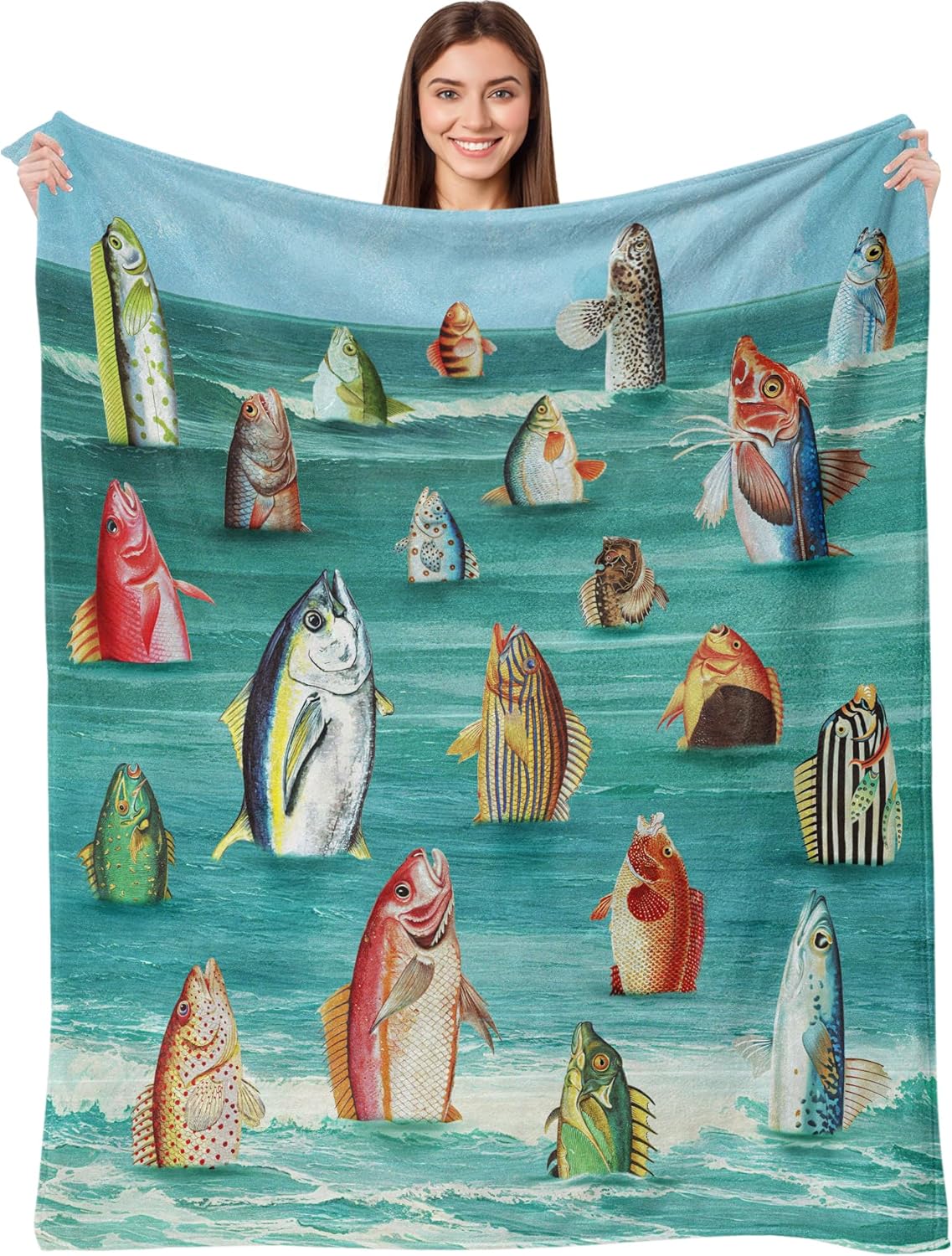 kampdream Surreal Fish Wave Flannel Blanket, Humanoid Standing Fish Art, Super Soft and Warm for Couch Sofa Living Room Ideal Gift for Friends Teal 50×60 inch