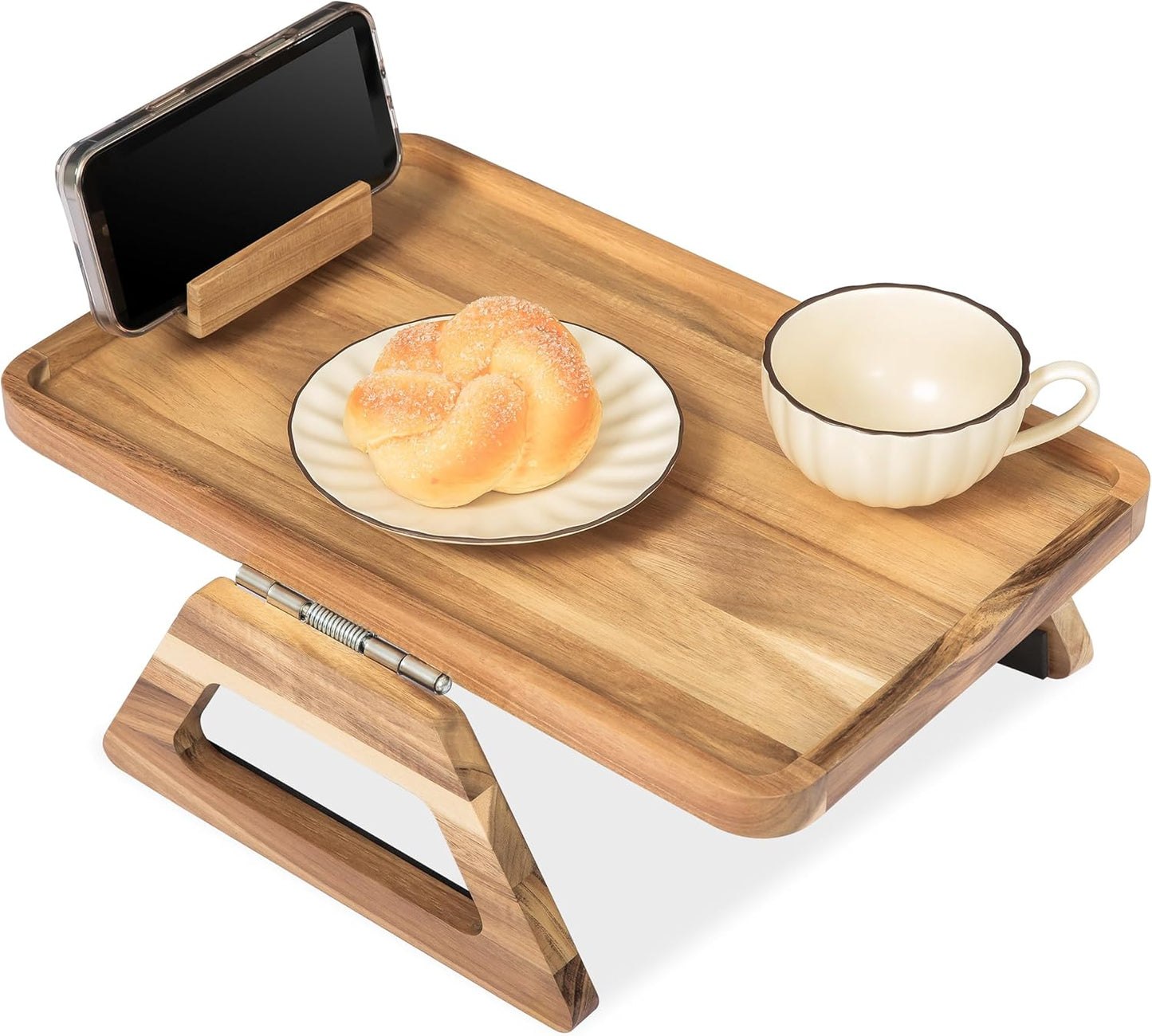 아카시아 나무 암 테이블 (깊이 39cm(15.4인치) x 너비 24.9cm(9.8인치) x 높이 14.5cm(5.75인치)), TV 저녁 식사를 위한 소파 암 트레이, 리모컨, 접이식 팔걸이 오거나이저, 직사각형 소파 팔걸이 트레이 - 라이트 내추럴