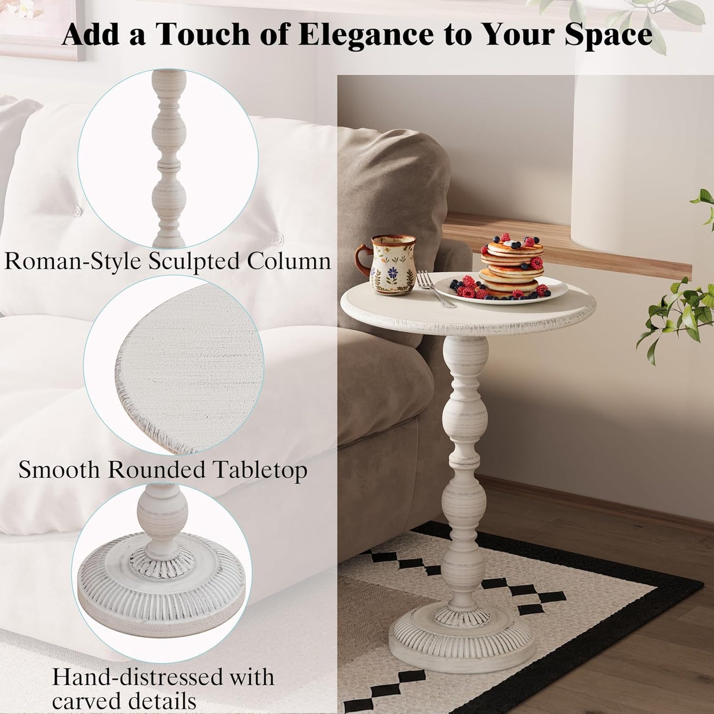 Small Round Metal Side Table, Lightweight Decorative Drink Table with Vintage Roman Column, Retro Distressed Accent Table for Living Room, Bedroom, Corners (2, Antique White)