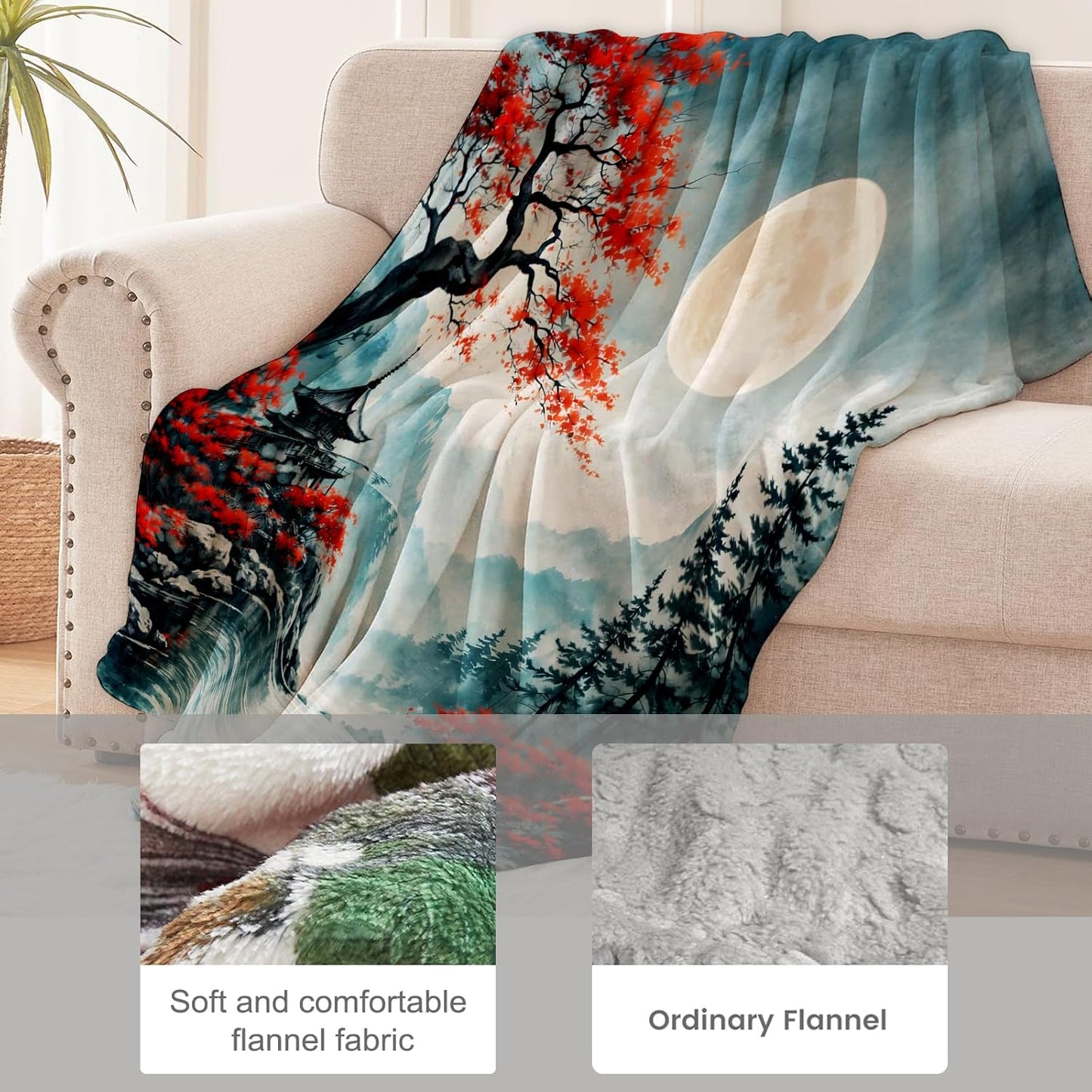 Asian Landscape Blanket for Nature Lovers, Oriental Pagoda Moon Flannel Blankets, Serene Mountain Scene Gifts, Soft Warm Cozy Throws for Sofa Couch Bed Living Room Bedroom Home Decor 60" x 50"
