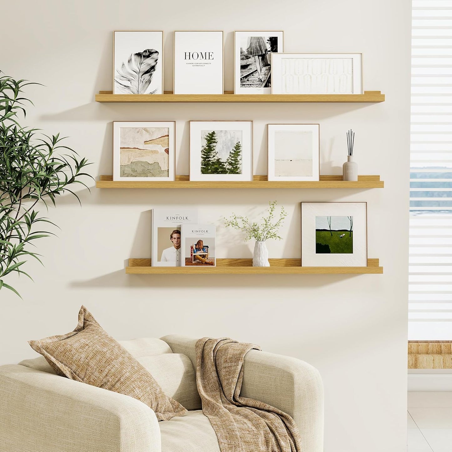 Fun Memories Picture Ledge Shelf, Floating Shelves Set of 4, 24 Inch Picture Shelves for Wall with Ledge, Large Nursery Book Shelf for Toys Storage, Living Room, Bedroom Decor Frames, Oak