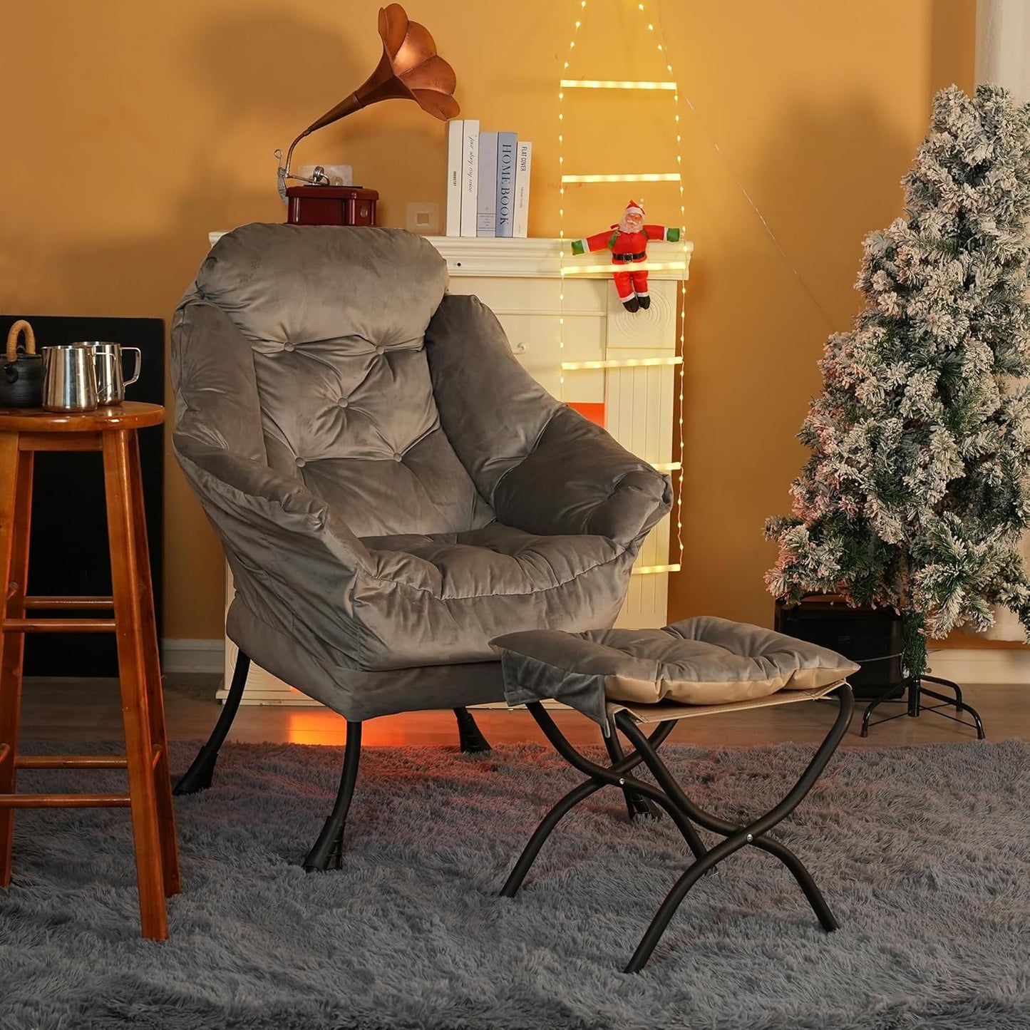 Kokel Lazy Chair with Folding Ottoman,Living Room Chairs, Accent Contemporary Lounge Chair, Single Steel Frame Leisure Sofa Chair with Armrests and A Side Pocket (Light Gray)