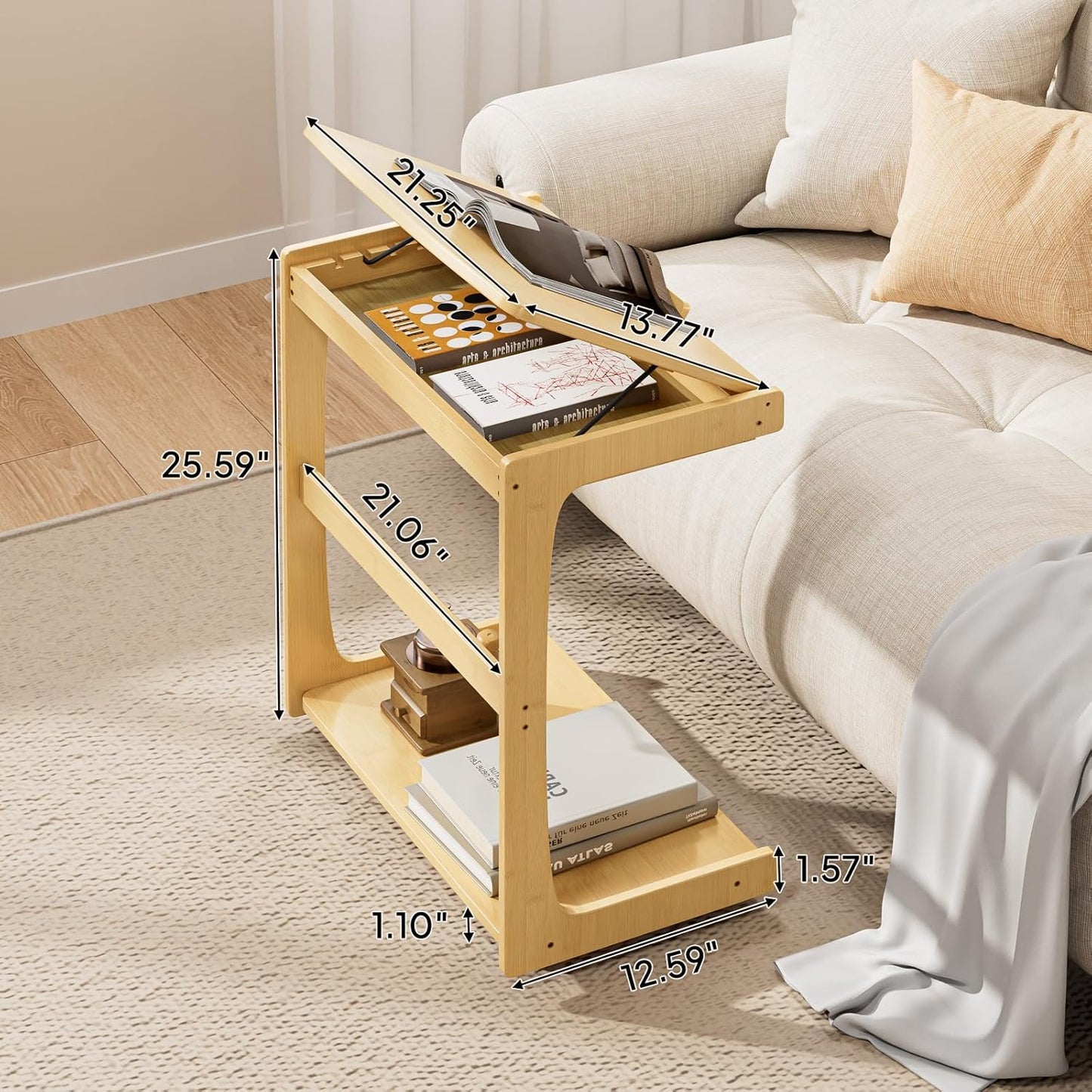 C Shaped Side Table, Rolling Bamboo End Table with Adjustable Tilt Top & Storage Shelf, Small Couch Table with Wheels for Living Room, Bedroom, Natural