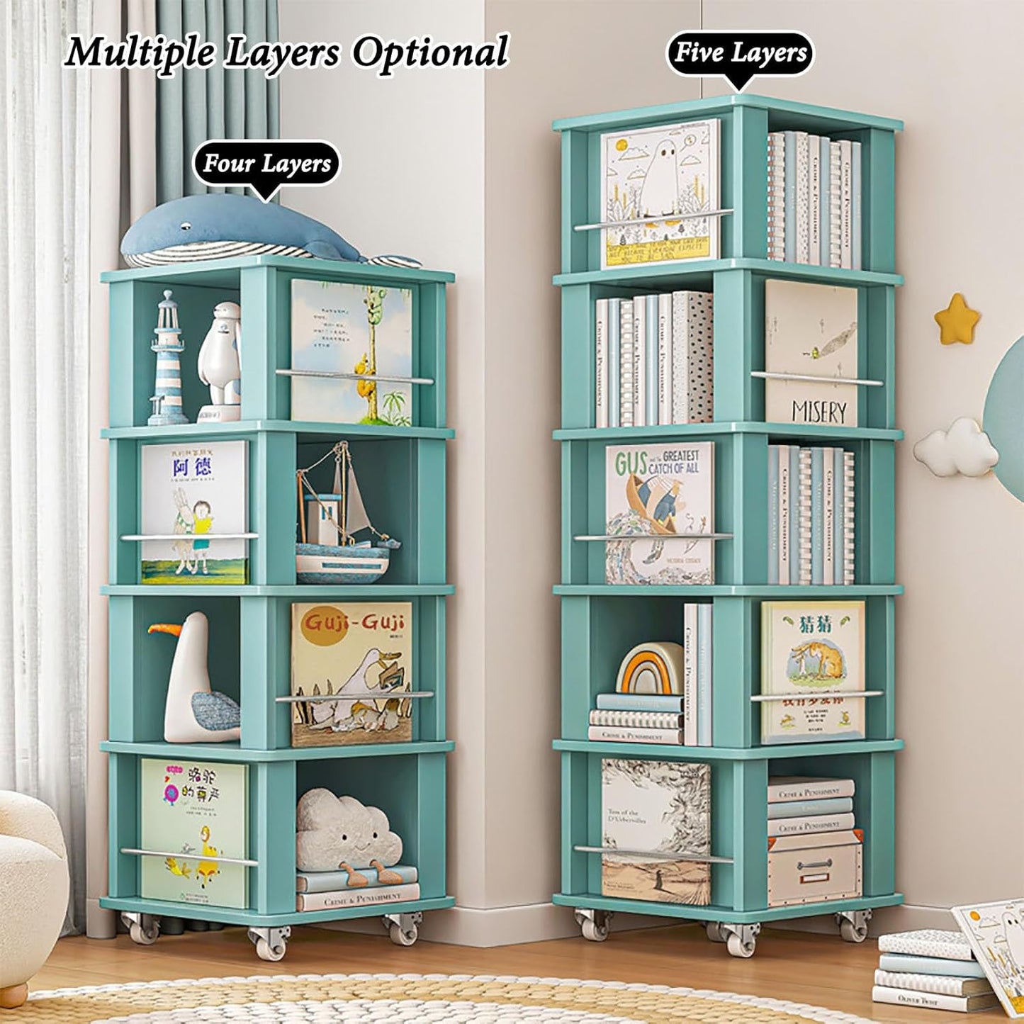 Rotating Bookshelf Tower With Wheels 360 Display 4/5 Tier Floor Standing Bookcase Storage Rack For Kids Corner Bookshelf For Small Space Book Shelf Rotating Bookcase For Living Room Study Room Office(