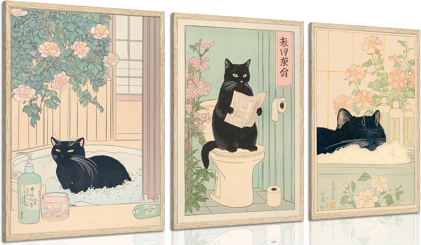 3Pcs Funny Japanese Bathroom Cat Wall Art Cute Animal Painting Picture Wall Decor Cats Lovers Prints Poster Print Artwork for Bathroom Toilet Home Decoration Unframed