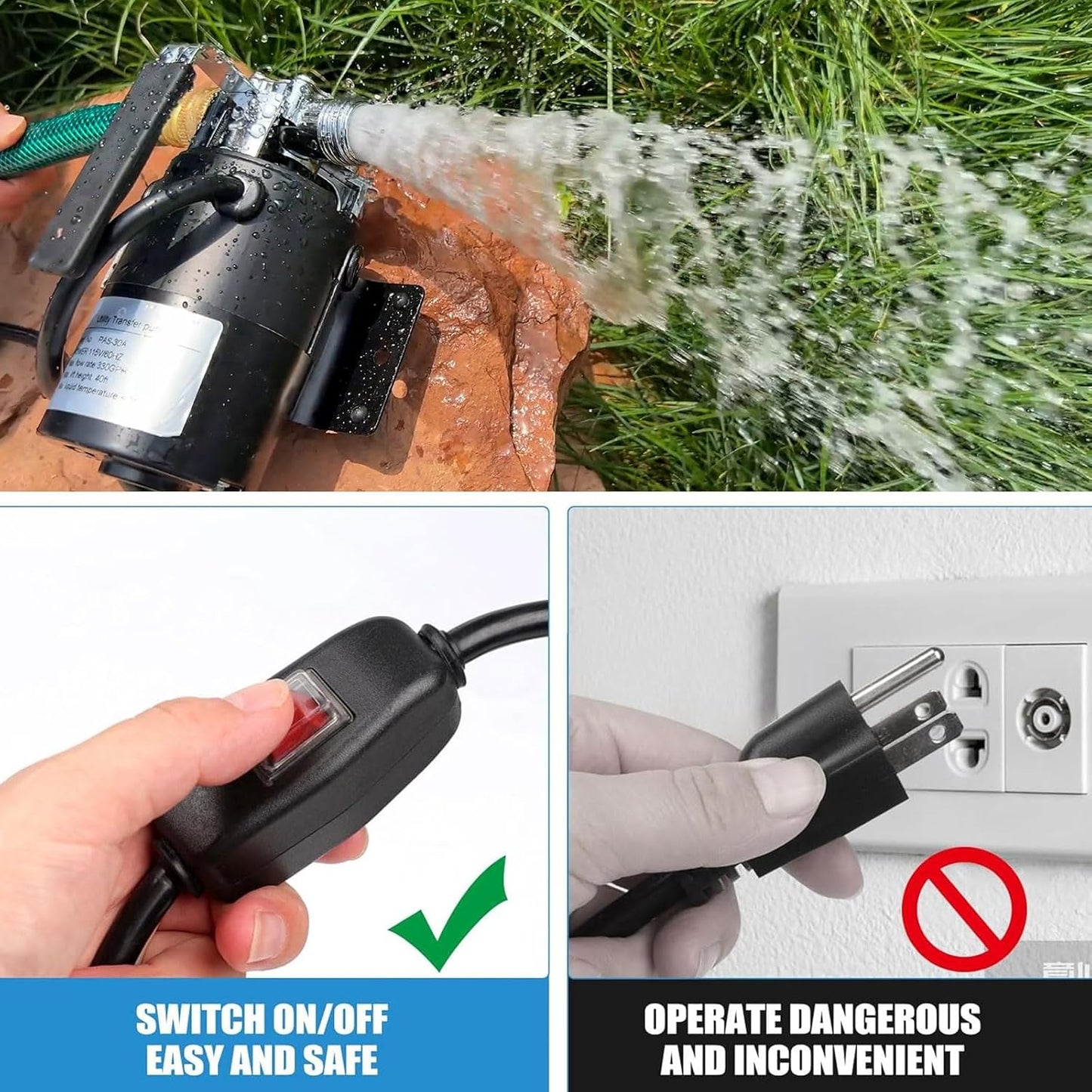 Water Transfer Pump, 115V 1/10HP Electric Utility Pump with On/Off Switch 2 * 6 ft Water Hoses Kit for Removing Water from Garden Pools Aquariums Hot Tub Draining 1/8’’ Low Suction for Rain Barrel