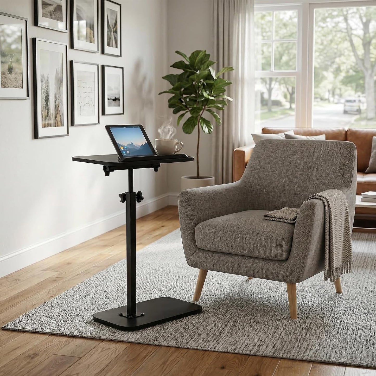 Sofa Arm Tray Table Angle Adjustable 360°Swivel Height Adjustable End Table Laptop Stand for Couch Recliner C-Shaped Table for Bed Chair or TV Tray Table Black
