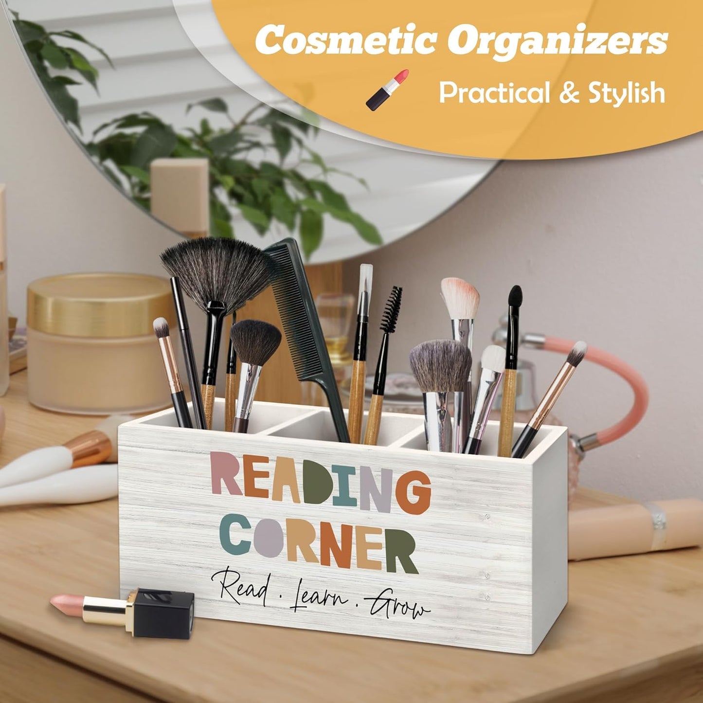 Boho Reading Corner Pen Holder Organizer for Desk Accessories, Boho Classroom Reading Wooden Box Desk Decorations for School Kids Room Bedroom Decor, Book Lovers Reader Bookish Gifts