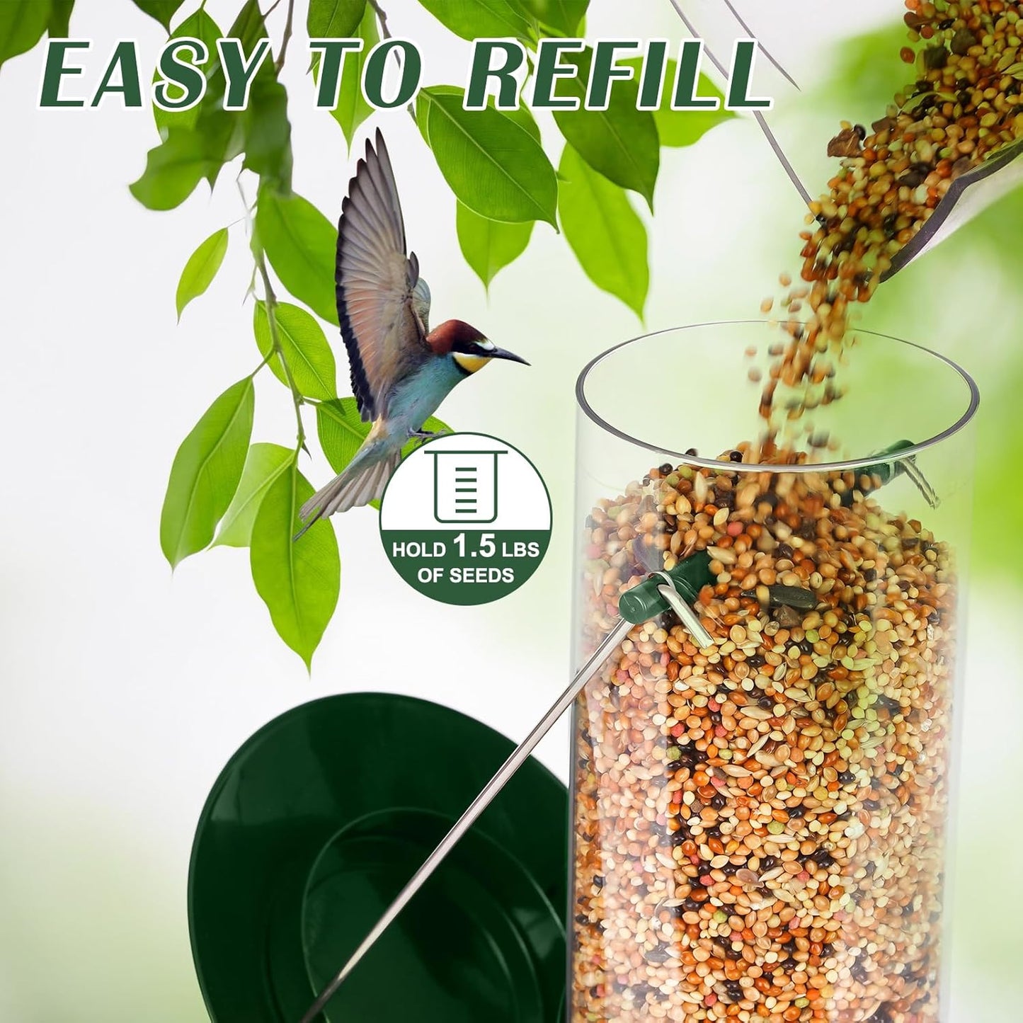 FEED GARDEN Metal Bird Feeder - 6 Port Tube Feeder for Outdoors, Heavy Duty Squirrel Proof with Metal Lid, Easy Fill & Clean, Weather Resistant, 13 Inch