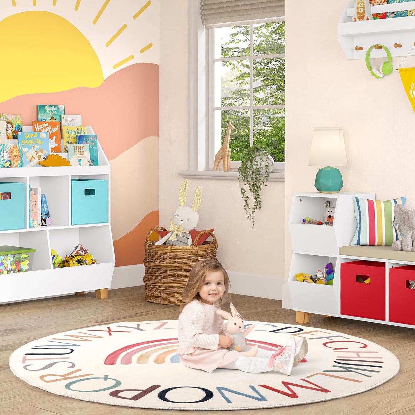 Nursery Rug Round Rainbow Classroom Rug Elementary, Non-Slip Rainbow Rug for Girls Room, Extra Large Learning Carpet for Kids Playroom, Circle Play Mat for Toddlers