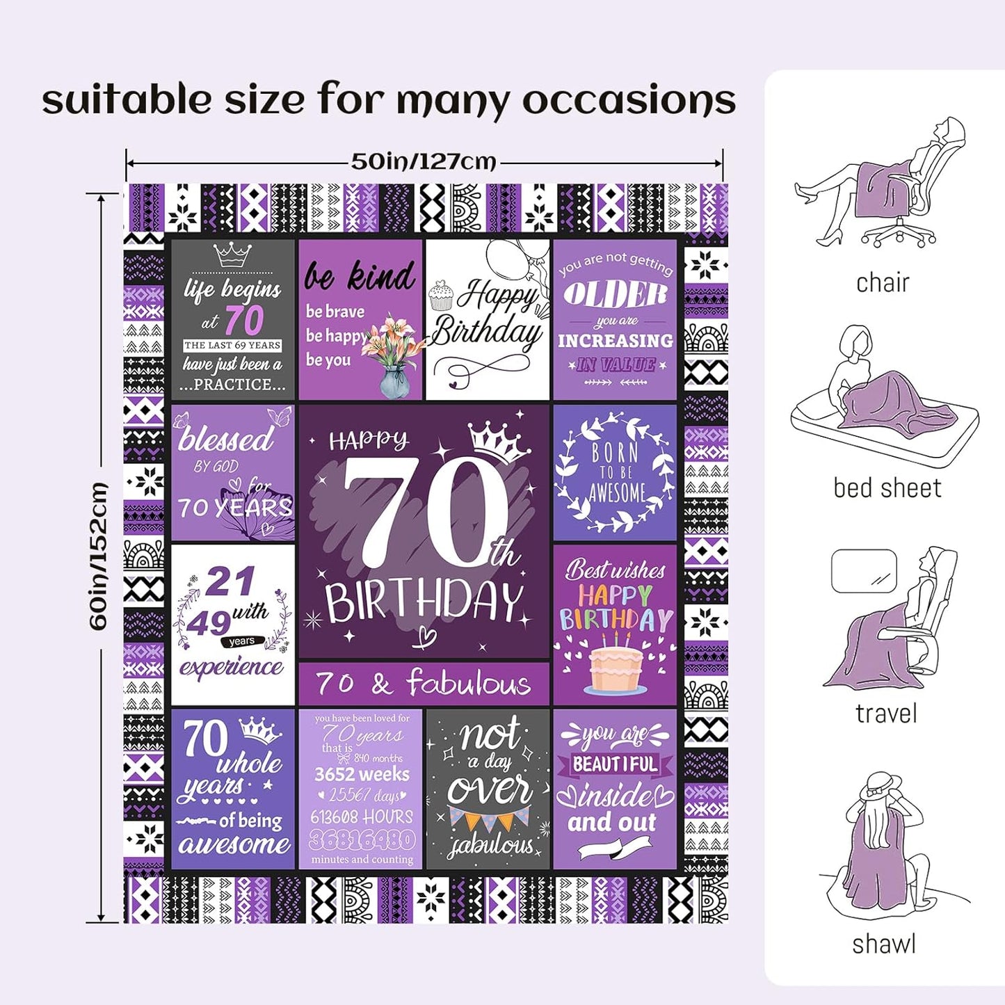 70th Birthday Gifts for Women, 70th Birthday Decorations, 70 Year Old Birthday Gifts for Women, Happy 70 Bday Gift for Mom Grandma Friends Sister, Unique Present for 70 Year Old Woman Blanket 60”x50”