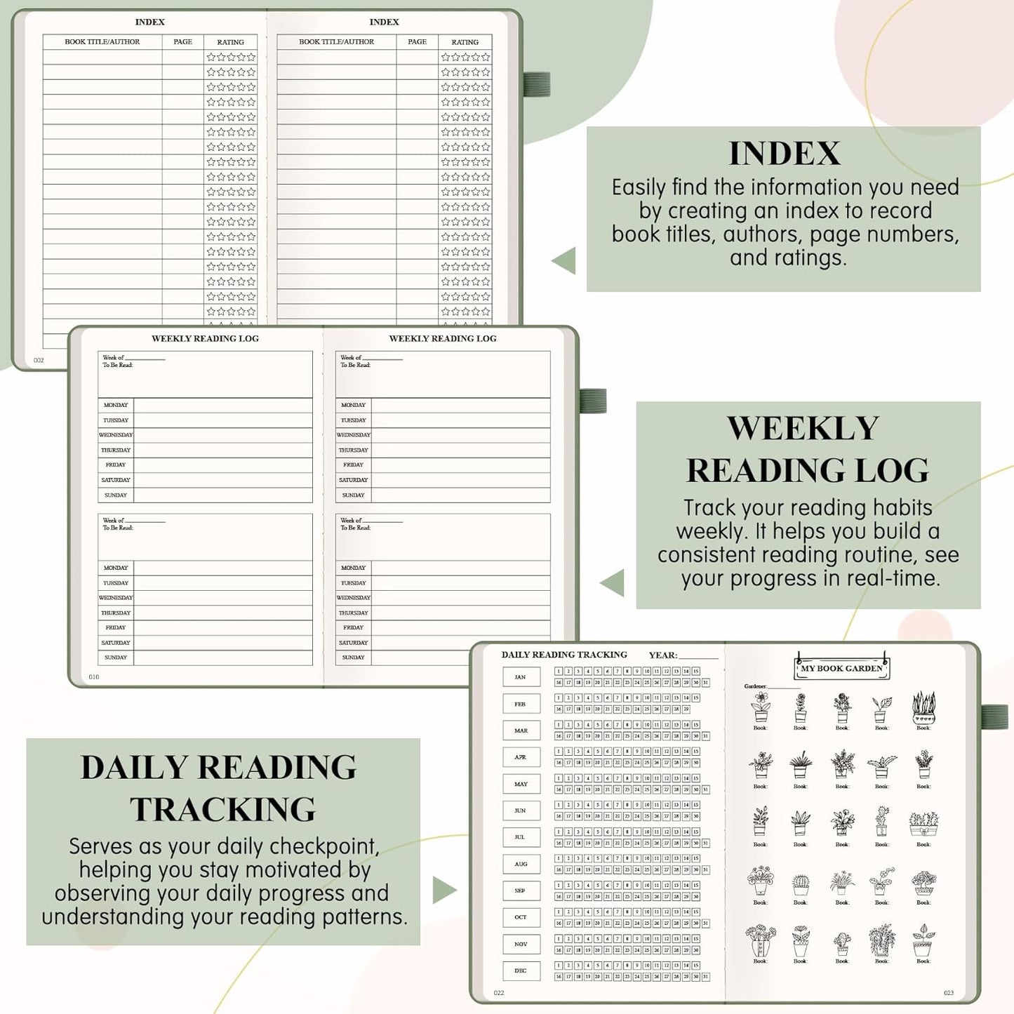 AKONEGE Reading Journal for Book Tracking - A5 PU Leather Book Journal Reading Log with 80 Reviews for Readers, Accessories with Sticky Tabs, Pen Holder, Ribbon Bookmarks, 5.6" x 8.3", Dark Green