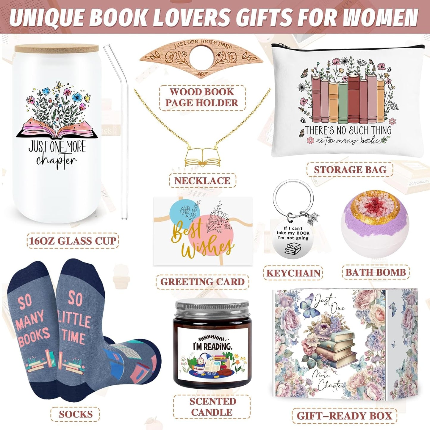 9 PCS Book Lovers Gifts for Women, Bookish Gifts for Readers, Librarians, Bookworms, Book Themed Gifts, Mothers Day, Birthday Gifts, Christmas Gifts for Book Reading Lovers, Girl Friend, Women