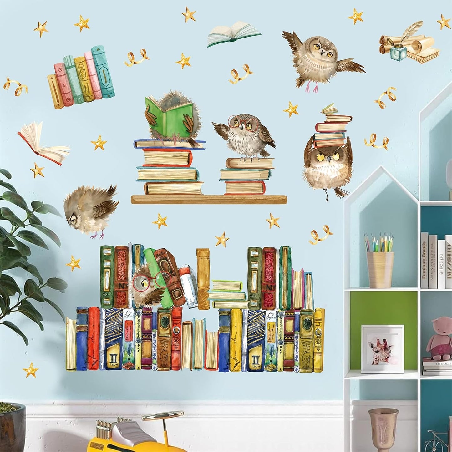 Reading Corner Wall Stickers,Owl Books Wall Stickers,Educational Window Clings,Library Reading Stickers,Cartoon Animal Wall Decal for Kids Baby Room School Bookstore Classroom Nursery Bedroom