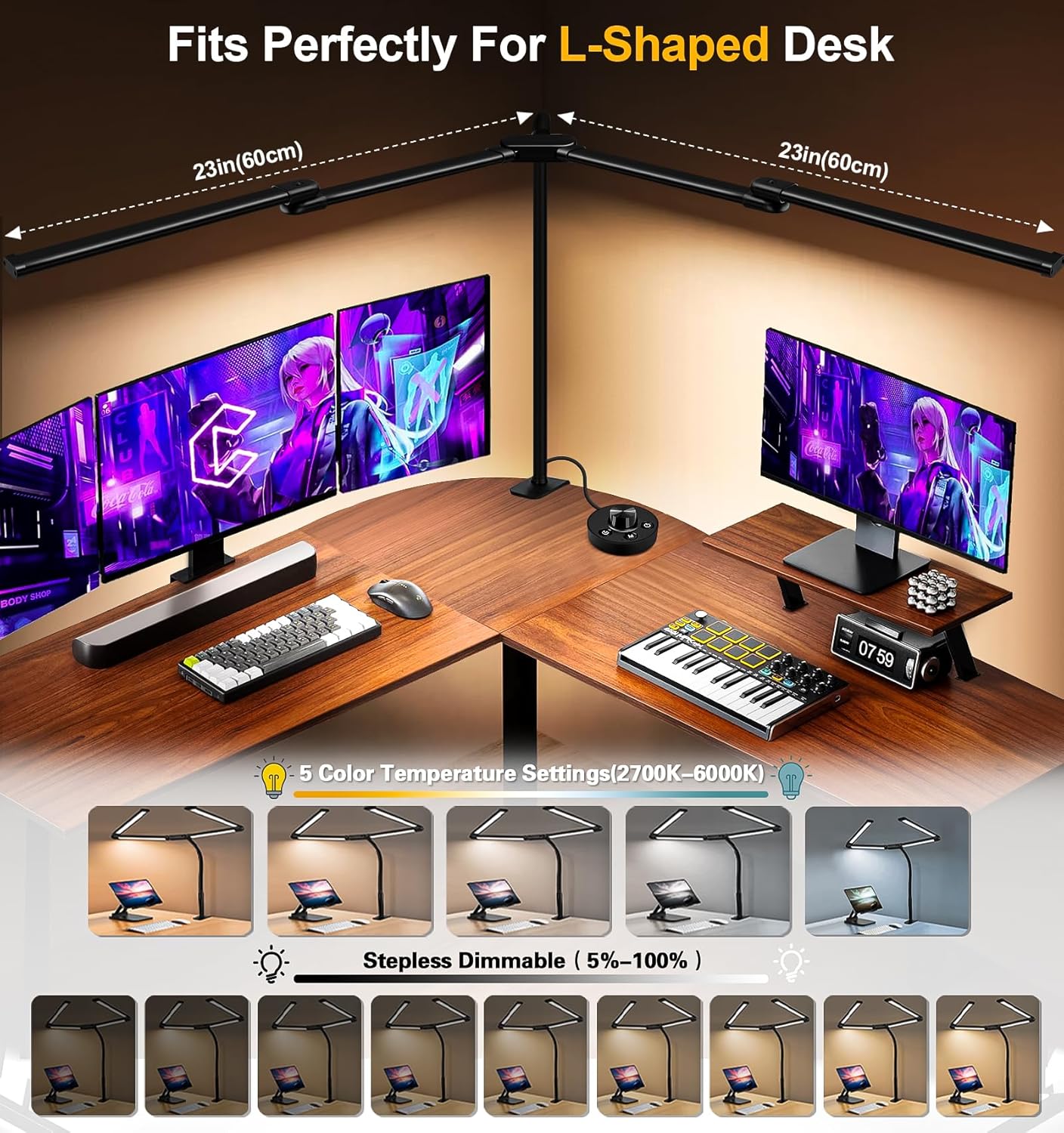 LED Desk Lamp for Home Office, 24W Bright Office Desk Lamp with Desktop Dimmer, 46" Multi-Screen Computer Monitor Architect Clamp Desk Light, Color and Dimming LED Table Light for Work Study