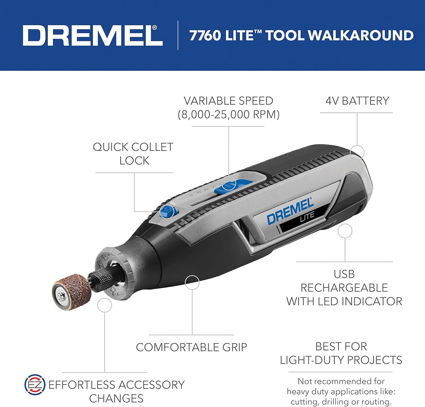 Dremel Lite 7760 N/10 4V Li-Ion Cordless Rotary Tool, Variable Speed Multi-Purpose Kit, USB Charging, Easy Accessory Changes - Perfect For Light-Duty DIY & Crafting, Sanding, Engraving and Polishing