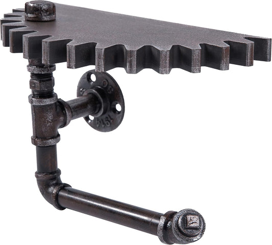 MyGift Industrial Pipe Shelf, Metal Floating Shelf, Wall Mounted Toilet Paper Holder Stand,Hanging Shelf Rack with Steampunk Gear Design