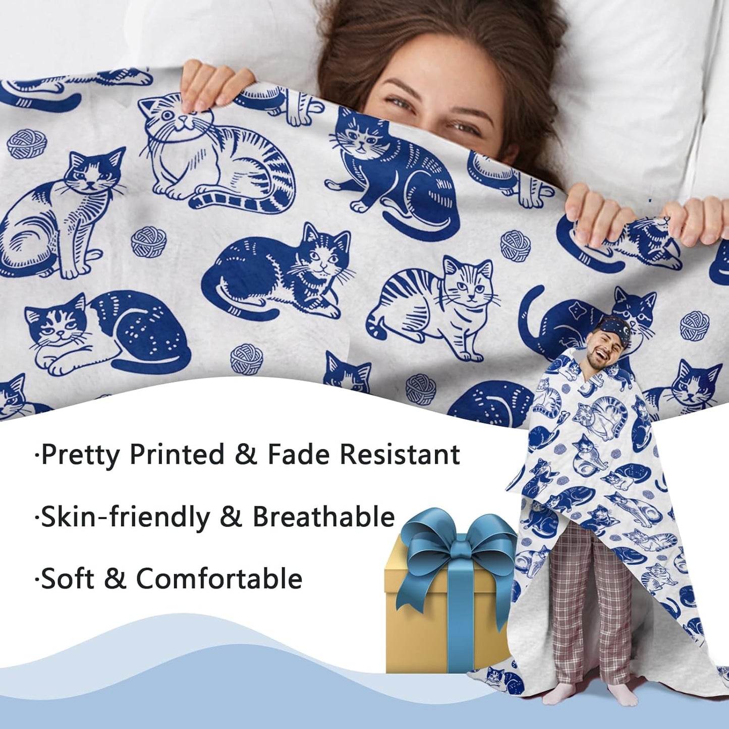 Blue White Cat Flannel Throw Blanket, Cute Yarn Ball Birthday Gifts for Kids Men Women Pet Owner Lover, Vintage Soft Blankets for Bedding Sofa 50" x 60"