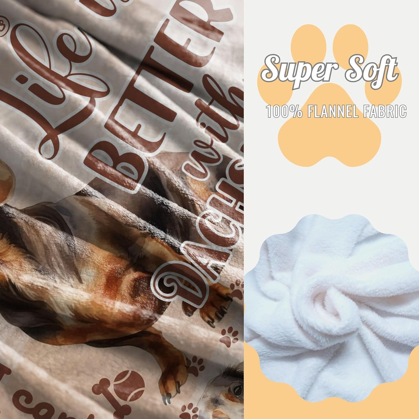 Dachshund Gifts for Women, Weiner Weenie Flannel Throw Blanket for Dog Mom Dad Owner, Beige, 50x65 Inches