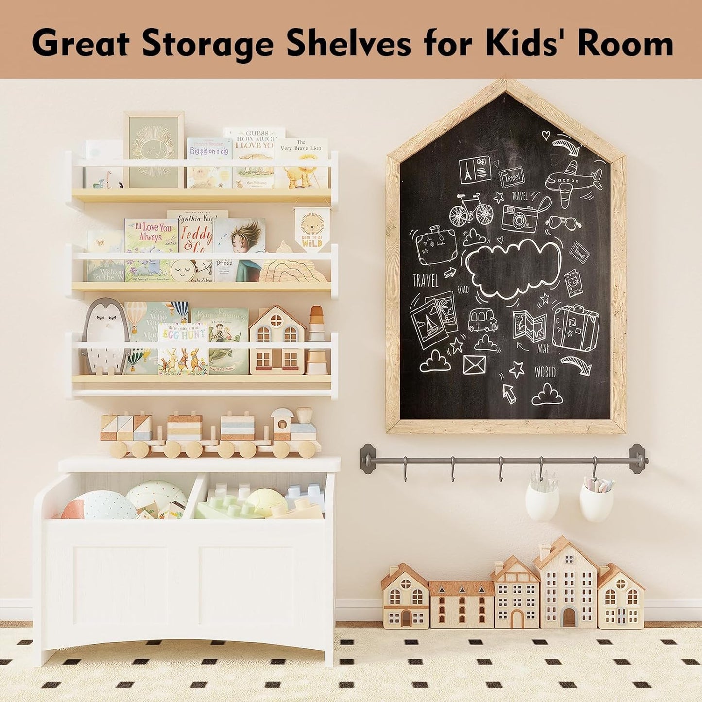 Nursery Floating Bookshelf for Kids, Wall Mounted Kids Book Shelf with Toy Storage, Pine Wood Nursery Shelves for Playroom, Bedroom, Toddler Room, Set of 3 (Pine & White, 23.6 Inches)