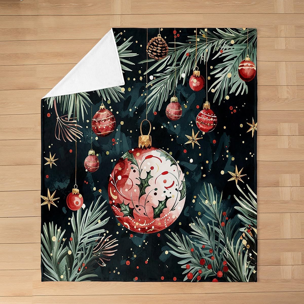 Feelyou Christmas Plush Throw Blanket Throw 50"x60" Hollyhock Green Branch Flannel Fleece Blanket for Sofa Couch Boys Girls Christmas Tree All Season for Bed Black Xmas Bright