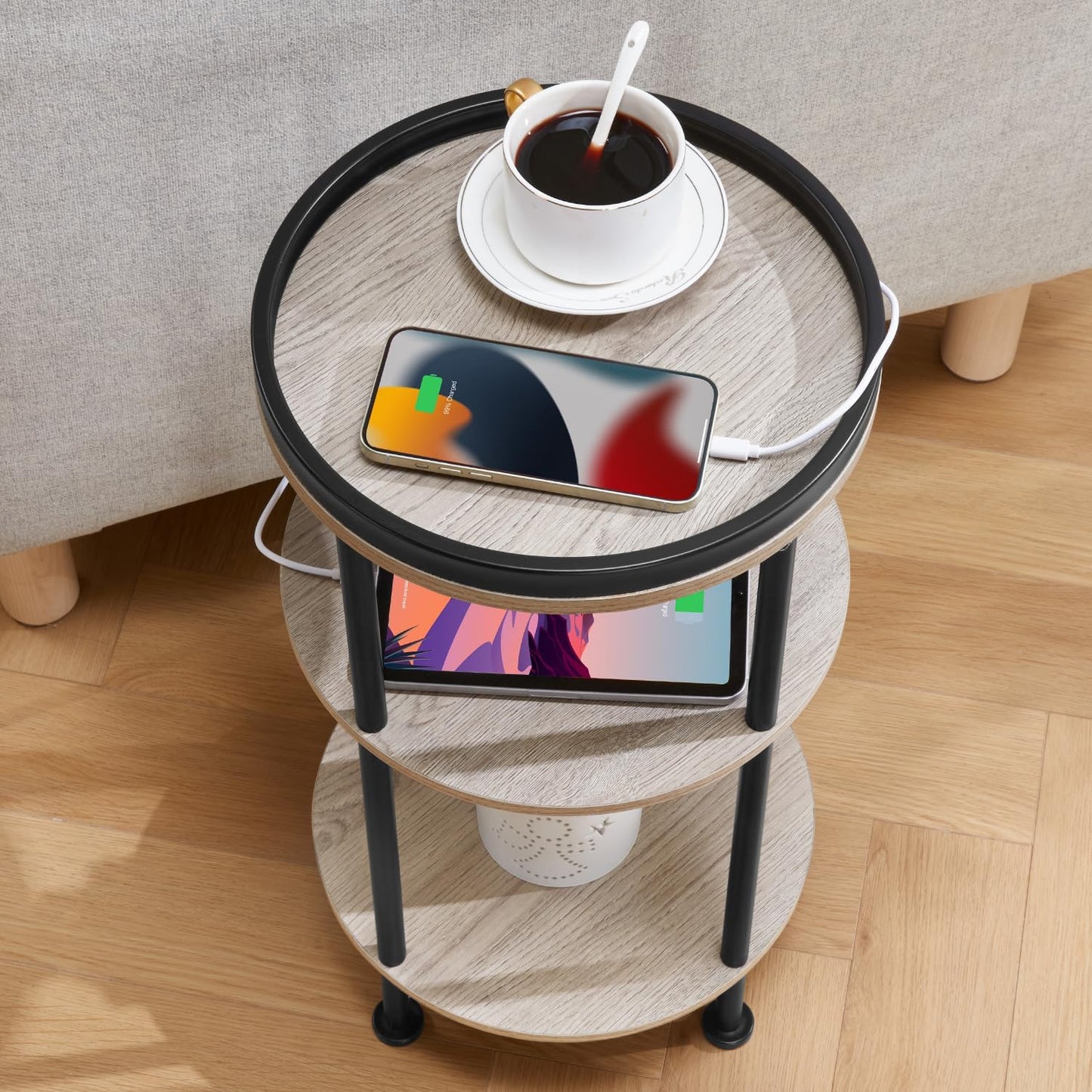 Small Round Side Table with Charging Station for Small Spaces, 3-Tier Accent Table with USB Ports & Power Outlets, Corner Tea Table Sofa Table for Living Room Nightstand Bedroom Apartment(USB,Oak)