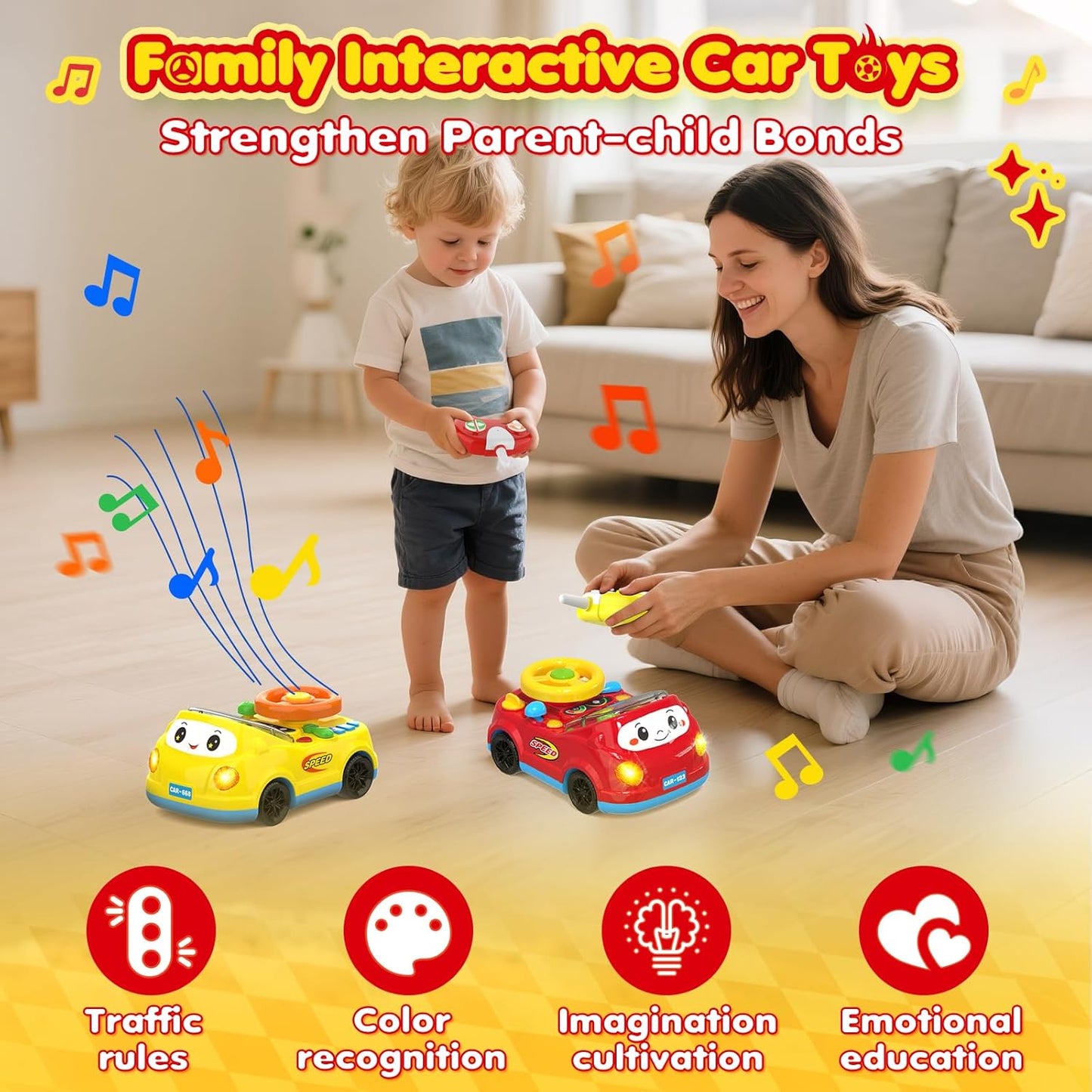Toddler Toys For Ages 1-3 Boy - Remote Control RC Push Car Racing Adventure Steering Wheel Driving Games,Interactive Learning Educational Christmas Birthday Gift For Kids Age 1 2 3(Yellow Red)