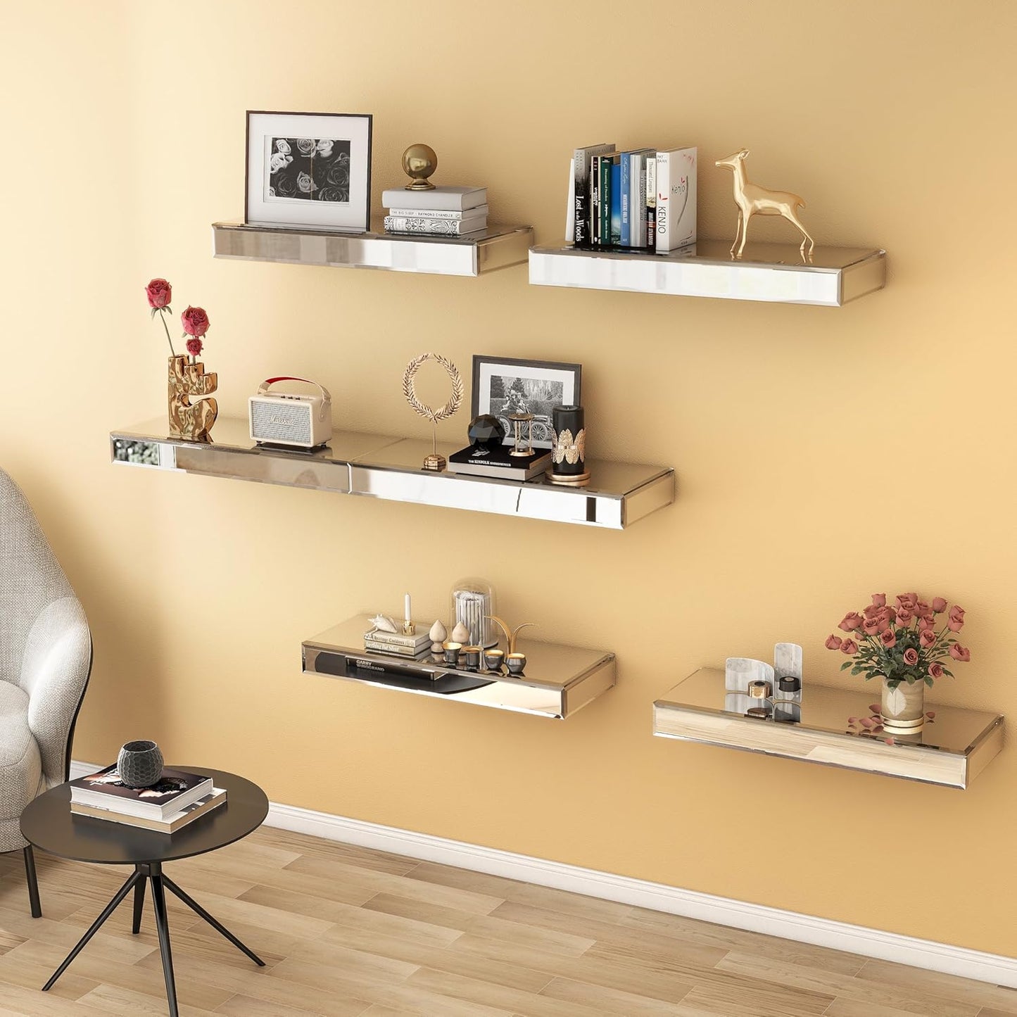 SHYFOY Mirrored Floating Shelves for Wall, Set of 3 Glass Wall Mounted Shelves for Bathroom Decor, Hanging Book Shelf for Bedroom, Living Room, Kitchen, Storage & Decoration, Silver