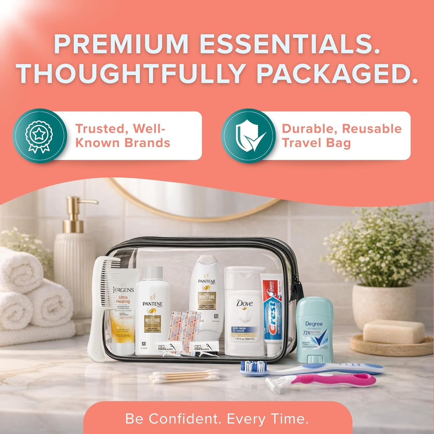 TrekTote 15 Piece Set Women’s Travel & Hygiene Kit with Clear Toiletry Bag, Personal Care Essentials, Single Kit or Bulk Case Packs