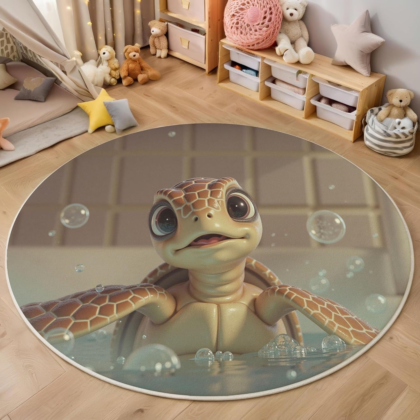 5Ft Round Washable Rug - Large Area Rug for Living Room Dining Room, Beige Soft Bedroom Carpet with Cute 3D Design Turtle Bathtub Pattern, Marine Animal Décor, Low Pile Stain Resistant